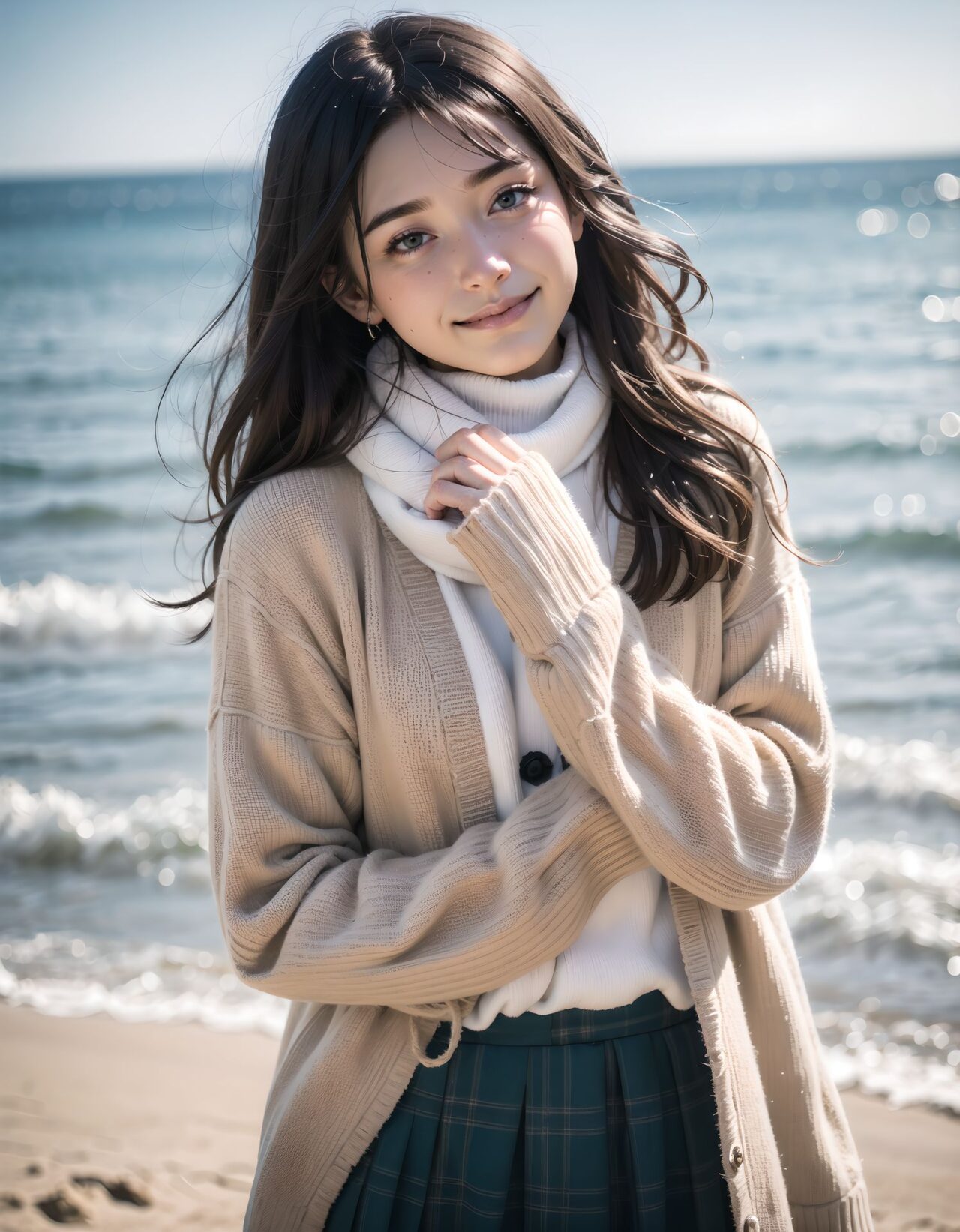 ?Scene / Environment?
wooden deck by cold ocean wind,
clear chilly air, crisp morning brightness, gentle seaside winter silence,

?Outfit / Clothing?
beige duffle coat + plaid skirt + fluffy muffler,
soft layers, warm textures, winter modest elegance,

?Pose / Body?
weight shift checking skirt,
gentle movements blending shyness and small confidence,

?Expression / Gaze?
confident smile half-hidden,

?Camera Angle / Framing?
50mm natural portrait, face close-up shot framing, airy outdoor depth,
?Lighting / Mood?
cold morning glow,
clean bright winter gravure tone,

?Skin / Texture / Detail?
soft fair skin with winter glow, knit and coat fibers detailed, breath visible in cold air,

?Story Snippet?
when the winter breeze lifts her coat hem, she adjusts her scarf with that familiar shy?bold habit, letting the lens see just enough warmth,

BLAKE

semi-long black wavy hair, vivid expressive eyes, adult 20+, quiet winter sandy beach, black slim turtleneck + long wool skirt + knit cardigan, tucking hands in sleeves, warm breath shy challenge, 50mm natural portrait, blue coastal crisp light, clean winter gravure mood, masterpiece, best quality,