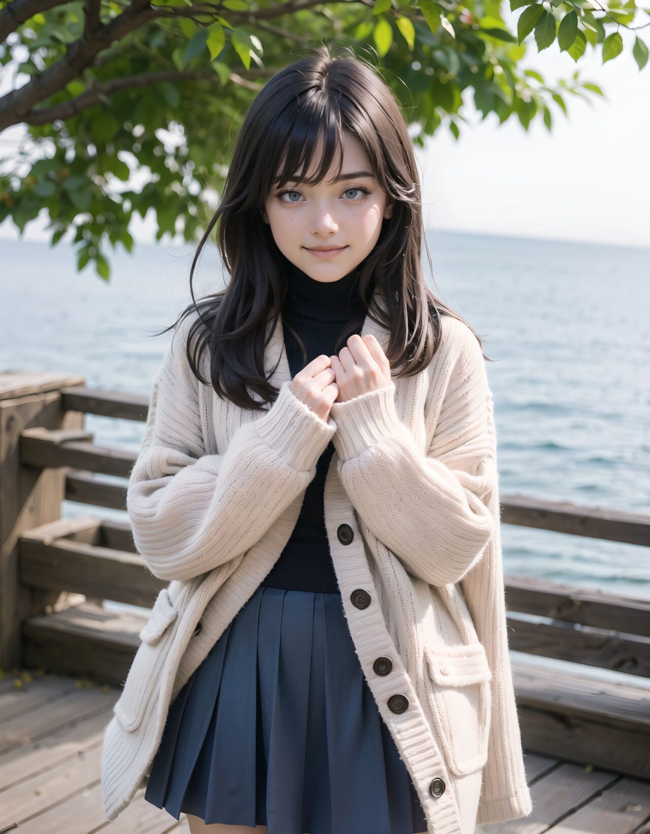 ?Scene / Environment?
wooden deck by cold ocean wind,
clear chilly air, crisp morning brightness, gentle seaside winter silence,

?Outfit / Clothing?
cream turtleneck knit + pleated skirt + warm tights,
soft layers, warm textures, winter modest elegance,

?Pose / Body?
holding coat collar,
gentle movements blending shyness and small confidence,

?Expression / Gaze?
confident smile half-hidden,

?Camera Angle / Framing?
50mm natural portrait, dynamic angle shot framing, airy outdoor depth,
?Lighting / Mood?
dappled winter shade,
clean bright winter gravure tone,

?Skin / Texture / Detail?
soft fair skin with winter glow, knit and coat fibers detailed, breath visible in cold air,

?Story Snippet?
when the winter breeze lifts her coat hem, she adjusts her scarf with that familiar shy?bold habit, letting the lens see just enough warmth,

BLAKE

semi-long black wavy hair, vivid expressive eyes, adult 20+, winter coastal flower garden faint colors, gray sweater dress + dark tights, holding coat collar, ?look but not all? teasing eyes, 50mm natural portrait, blue coastal crisp light, clean winter gravure mood, masterpiece, best quality,