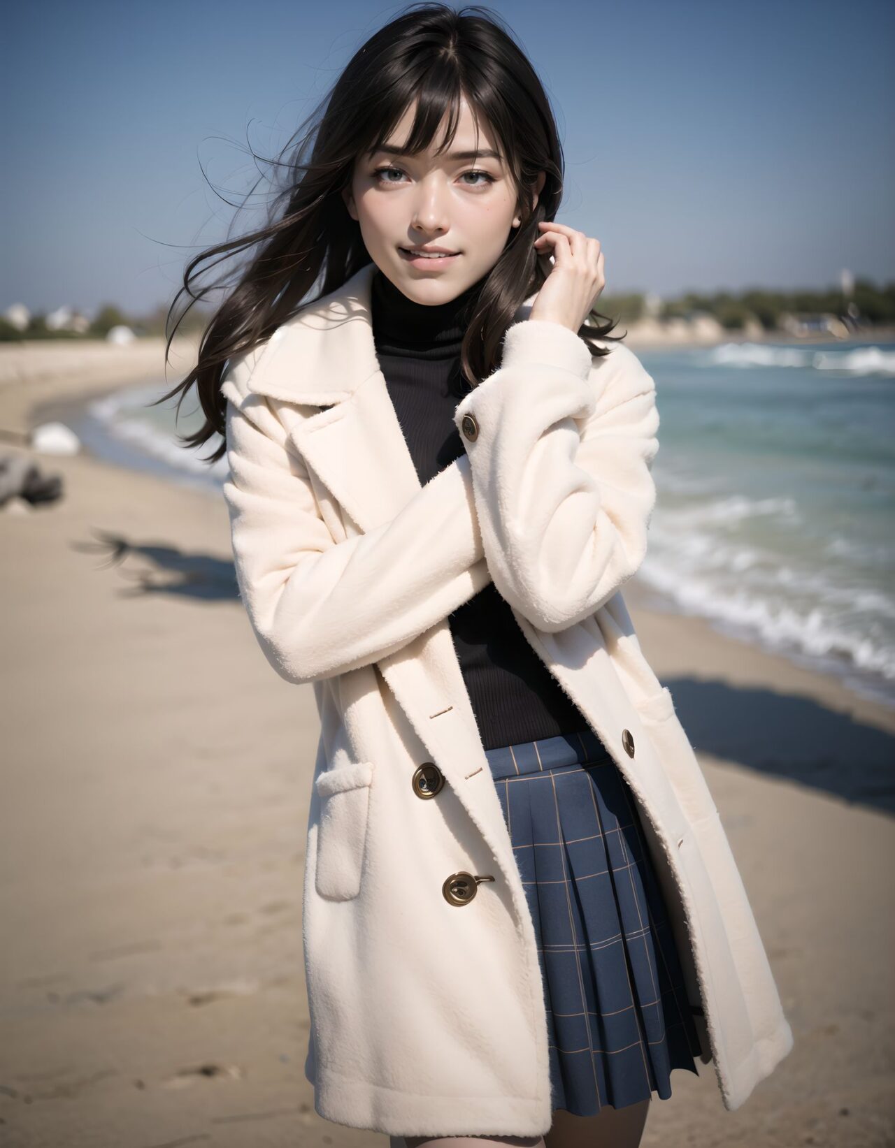 ?Scene / Environment?
quiet winter sandy beach bright sky,
clear chilly air, crisp morning brightness, gentle seaside winter silence,

?Outfit / Clothing?
cream turtleneck knit + pleated skirt + warm tights,
soft layers, warm textures, winter modest elegance,

?Pose / Body?
weight shift checking skirt,
gentle movements blending shyness and small confidence,

?Expression / Gaze?
lip press shy challenge,

?Camera Angle / Framing?
50mm natural portrait, Wide shot framing, airy outdoor depth,
?Lighting / Mood?
cold morning glow,
clean bright winter gravure tone,

?Skin / Texture / Detail?
soft fair skin with winter glow, knit and coat fibers detailed, breath visible in cold air,

?Story Snippet?
when the winter breeze lifts her coat hem, she adjusts her scarf with that familiar shy?bold habit, letting the lens see just enough warmth,

BLAKE

semi-long black wavy hair, vivid expressive eyes, adult 20+, quiet winter sandy beach, beige duffle coat + plaid skirt + fluffy muffler, brushing hair as muffler shifts, half-hidden confident smile, 50mm natural portrait, cold morning glow, clean winter gravure mood, masterpiece, best quality,