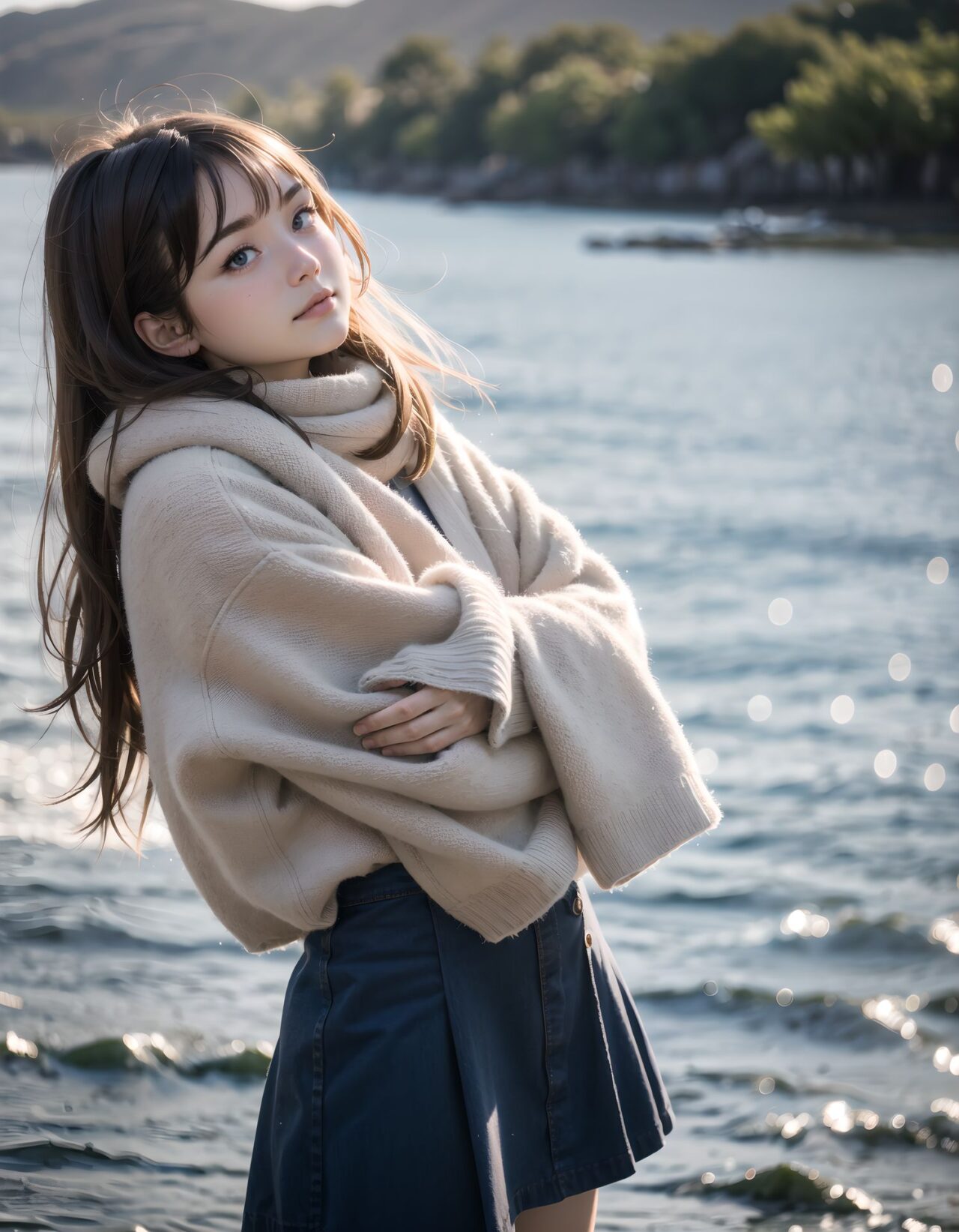 ?Scene / Environment?
soft winter tree shade with pale sunlight,
clear chilly air, crisp morning brightness, gentle seaside winter silence,

?Outfit / Clothing?
beige duffle coat + plaid skirt + fluffy muffler,
soft layers, warm textures, winter modest elegance,

?Pose / Body?
tucking hands in sleeves,
gentle movements blending shyness and small confidence,

?Expression / Gaze?
?look but not all? teasing eyes,

?Camera Angle / Framing?
50mm natural portrait, Distant view shot framing, airy outdoor depth,
?Lighting / Mood?
seaside winter sparkle,
clean bright winter gravure tone,

?Skin / Texture / Detail?
soft fair skin with winter glow, knit and coat fibers detailed, breath visible in cold air,

?Story Snippet?
when the winter breeze lifts her coat hem, she adjusts her scarf with that familiar shy?bold habit, letting the lens see just enough warmth,

BLAKE

semi-long black wavy hair, vivid expressive eyes, adult 20+, winter coastal flower garden faint colors, gray sweater dress + dark tights, weight shift checking skirt, shy upward glance in scarf, 50mm natural portrait, blue coastal crisp light, clean winter gravure mood, masterpiece, best quality,