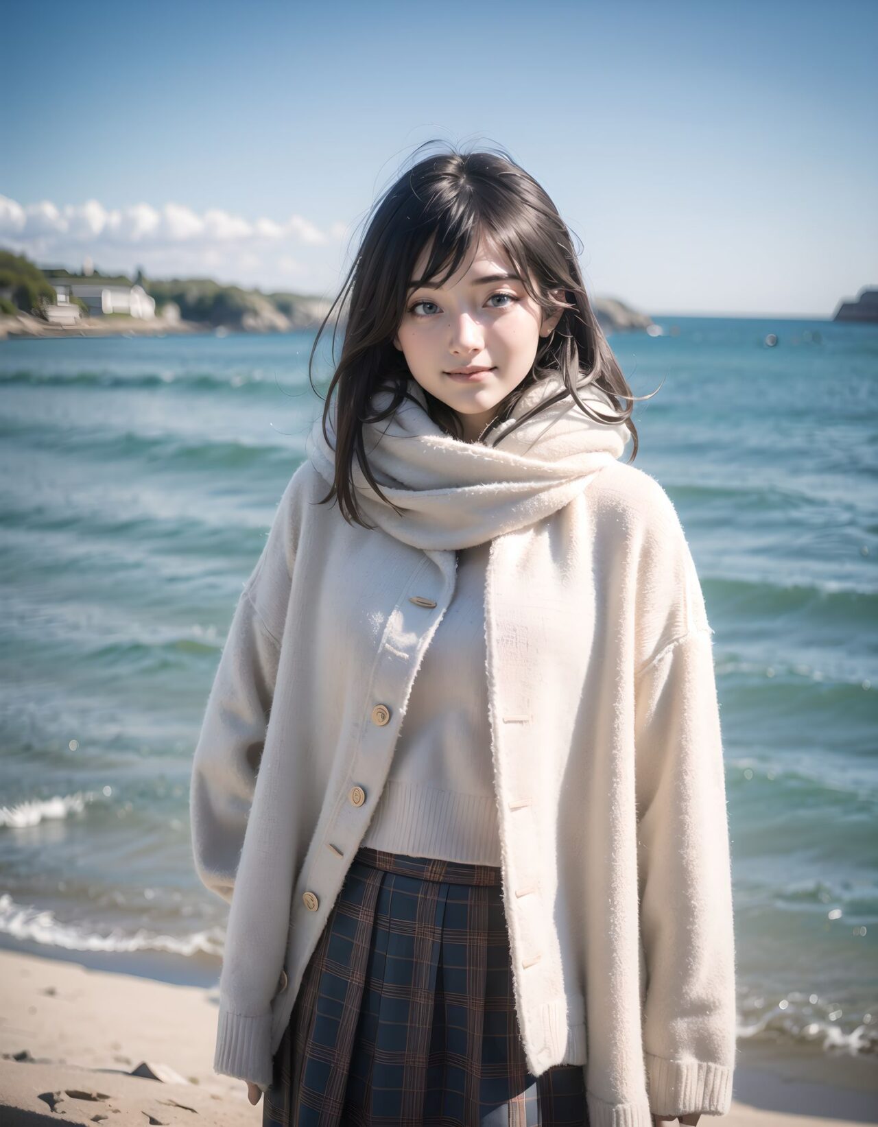 ?Scene / Environment?
winter coastal flower garden faint colors,
clear chilly air, crisp morning brightness, gentle seaside winter silence,

?Outfit / Clothing?
gray oversized sweater dress + dark tights,
soft layers, warm textures, winter modest elegance,

?Pose / Body?
weight shift checking skirt,
gentle movements blending shyness and small confidence,

?Expression / Gaze?
confident smile half-hidden,

?Camera Angle / Framing?
50mm natural portrait, intense angle shot framing, airy outdoor depth,
?Lighting / Mood?
blue coastal crisp light,
clean bright winter gravure tone,

?Skin / Texture / Detail?
soft fair skin with winter glow, knit and coat fibers detailed, breath visible in cold air,

?Story Snippet?
when the winter breeze lifts her coat hem, she adjusts her scarf with that familiar shy?bold habit, letting the lens see just enough warmth,

BLAKE

semi-long black wavy hair, vivid expressive eyes, adult 20+, wooden deck cold ocean wind, beige duffle coat + plaid skirt + fluffy muffler, brushing hair as muffler shifts, shy upward glance in scarf, 50mm natural portrait, blue coastal crisp light, clean winter gravure mood, masterpiece, best quality,