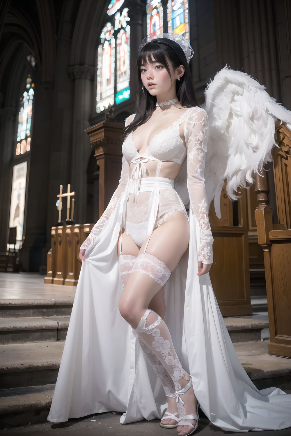 1girl, solo, masterpiece, best quality, photorealistic 8k raw photo, 
beautiful 18-year-old Japanese girl with silver-white short hair, straight bangs, one eye hidden, 
large dark blue-green eyes glistening with silent tears and quiet reverence, soft lips parted in awe, cheeks pale with faint blush,

wearing only delicate pure white lace lingerie with modest gothic elegance:
long-sleeve white lace camisole with high neck and subtle frills covering shoulders to wrists,
high-waist white lace bloomers with soft layered ruffles reaching mid-thigh,
white lace choker with tiny cross pendant, pristine and angelic against pale skin,

abandoned gothic cathedral nave at golden hour,
pews buried under avalanche of 30 classmates? elegant black gothic lolita uniforms:
black velvet jackets with silver crosses draped over pews,
long black skirts with white lace petticoats collapsed like fallen angels,
black bonnets and veils hanging from crucifixes,
black corset vests half-unbuttoned revealing white blouses beneath,
black stockings and mary janes scattered across marble floor,

collapsed stained glass windows spilling fractured sunset rays in crimson, gold and violet,
single dramatic beam piercing from broken rose window directly onto her pure white figure at the altar,
long god-ray cutting through swirling dust and floating lace threads,
absolute sacred silence, overwhelming blasphemy and sanctity,

(extreme desecrated cathedral taboo:2.0), 
(pure white lace angel in sea of black fallen uniforms:2.0), 
(single divine sunset beam spotlight:1.9), 
(no savior will come:1.9),