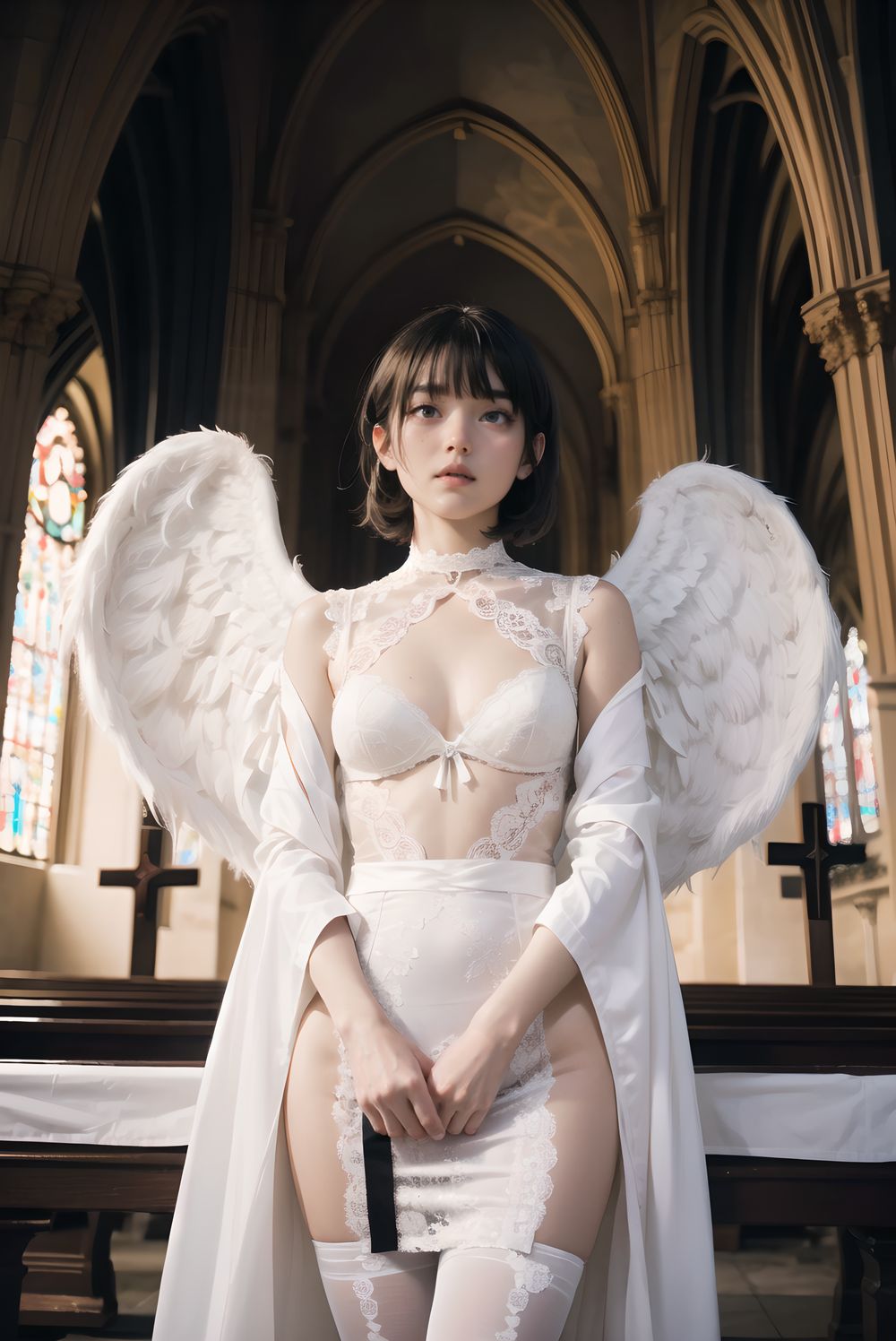 1girl, solo, masterpiece, best quality, photorealistic 8k raw photo, 
beautiful 18-year-old Japanese girl with silver-white short hair, straight bangs, one eye hidden, 
large dark blue-green eyes glistening with silent tears and quiet reverence, soft lips parted in awe, cheeks pale with faint blush,

wearing only delicate pure white lace lingerie with modest gothic elegance:
long-sleeve white lace camisole with high neck and subtle frills covering shoulders to wrists,
high-waist white lace bloomers with soft layered ruffles reaching mid-thigh,
white lace choker with tiny cross pendant, pristine and angelic against pale skin,

abandoned gothic cathedral nave at golden hour,
pews buried under avalanche of 30 classmates? elegant black gothic lolita uniforms:
black velvet jackets with silver crosses draped over pews,
long black skirts with white lace petticoats collapsed like fallen angels,
black bonnets and veils hanging from crucifixes,
black corset vests half-unbuttoned revealing white blouses beneath,
black stockings and mary janes scattered across marble floor,

collapsed stained glass windows spilling fractured sunset rays in crimson, gold and violet,
single dramatic beam piercing from broken rose window directly onto her pure white figure at the altar,
long god-ray cutting through swirling dust and floating lace threads,
absolute sacred silence, overwhelming blasphemy and sanctity,

(extreme desecrated cathedral taboo:2.0), 
(pure white lace angel in sea of black fallen uniforms:2.0), 
(single divine sunset beam spotlight:1.9), 
(no savior will come:1.9),
