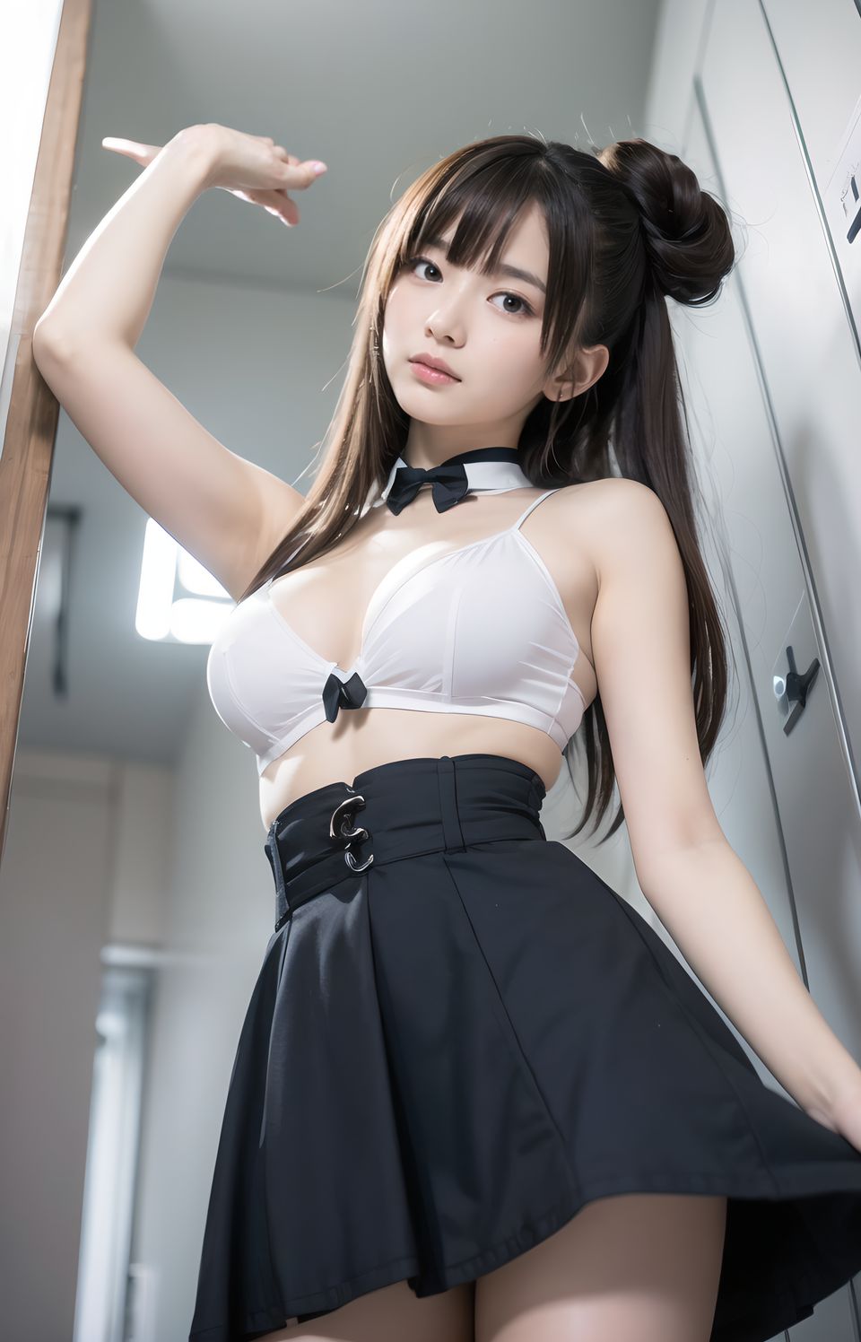 masterpiece, best quality, 2.5D style, semi-realistic anime, source_anime, upscaled resolution, digital quality, physically realistic lighting, vivid HDR colors, sharp focus,
1girl, solo, long hair, beautiful detailed face, large sparkling eyes, intensely embarrassed expression, deep blush, teary eyes,
tripping and falling forward, skirt flipping up revealing panties, accidental panty shot, large breasts bouncing, slim waist, wide hips, shiny skin with sweat, nsfw, ecchi, wardrobe malfunction, to love-ru like trouble, dynamic low angle, intricate background like Girlish changing room, pastel lockers with heart decals, mirrors reflecting soft light, scattered school bags, faint perfume scent, insanely-detailed reflections and fabrics,
insanely-detailed, ultra-high resolution, every detail is reproduced clearly, from the individual strands of hair to the intricate weave of the costume.
The vivid contrast of the professional-quality image brings the vivid colors to life.