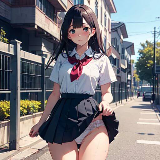 スカートがめくれてパンティーがちらりと見えている