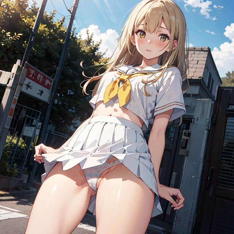 スカートがめくれてパンティーがちらりと見えている