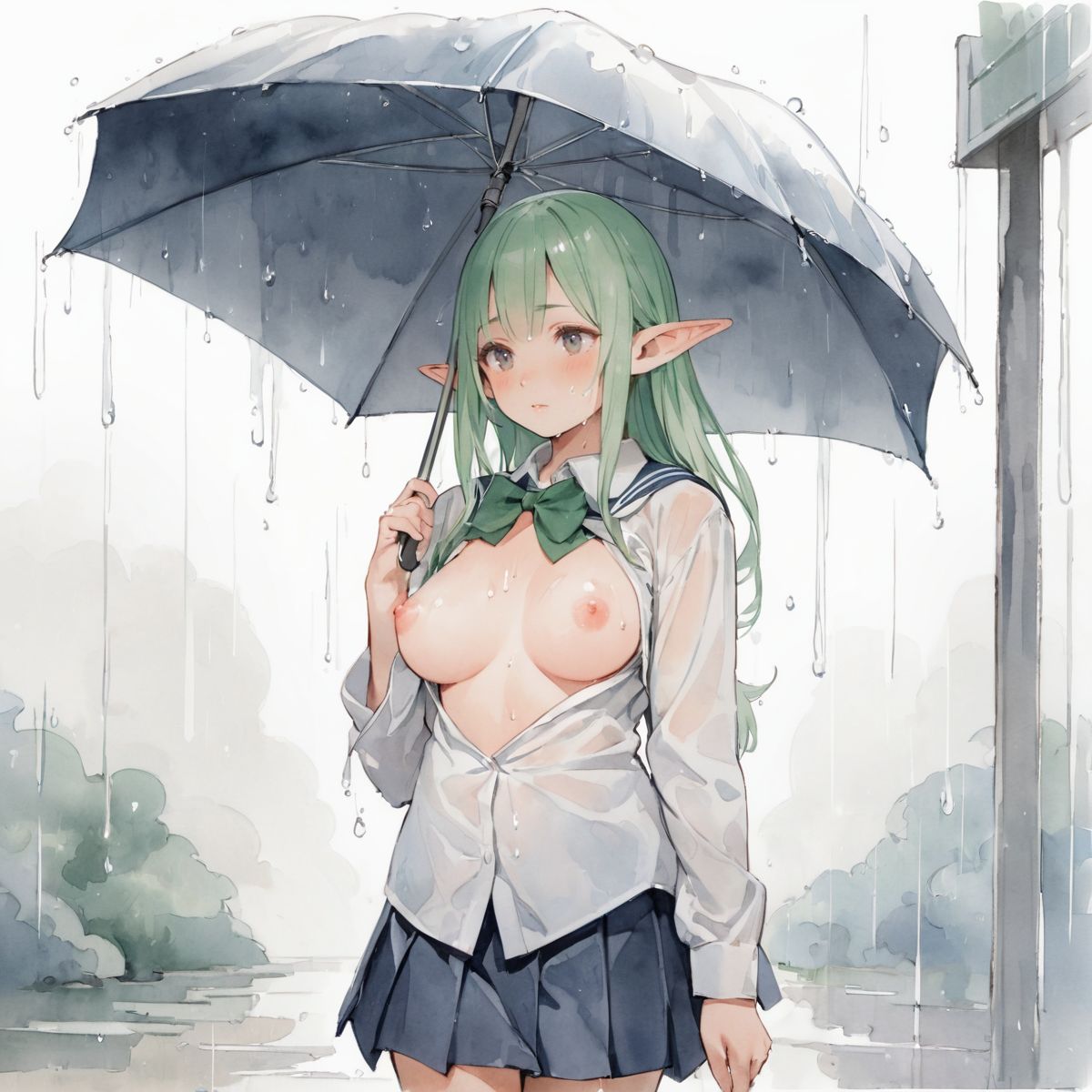 An elf girl walks quietly in the drizzling rain.
school uniform, 
show off nipples under white shirt, 
(watercolor:0.6),(pastelcolor:0.4), (white backgroud:1.2)