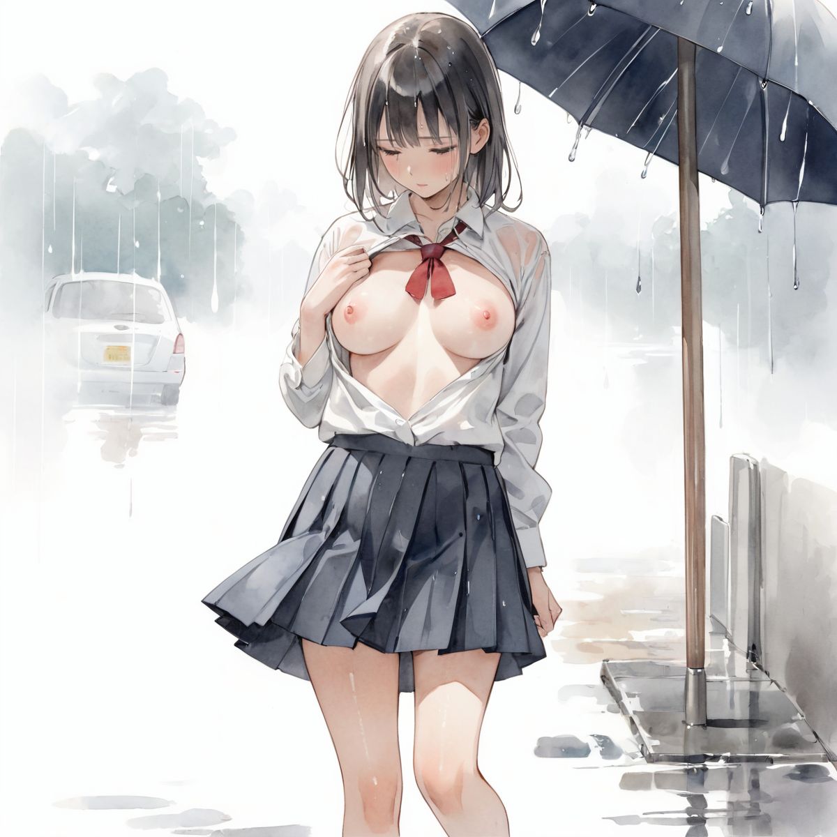 An girl walks quietly in the drizzling rain.
school uniform, 
show off nipples under white shirt, 
(watercolor:0.6),(pastelcolor:0.4), (white backgroud:1.2)