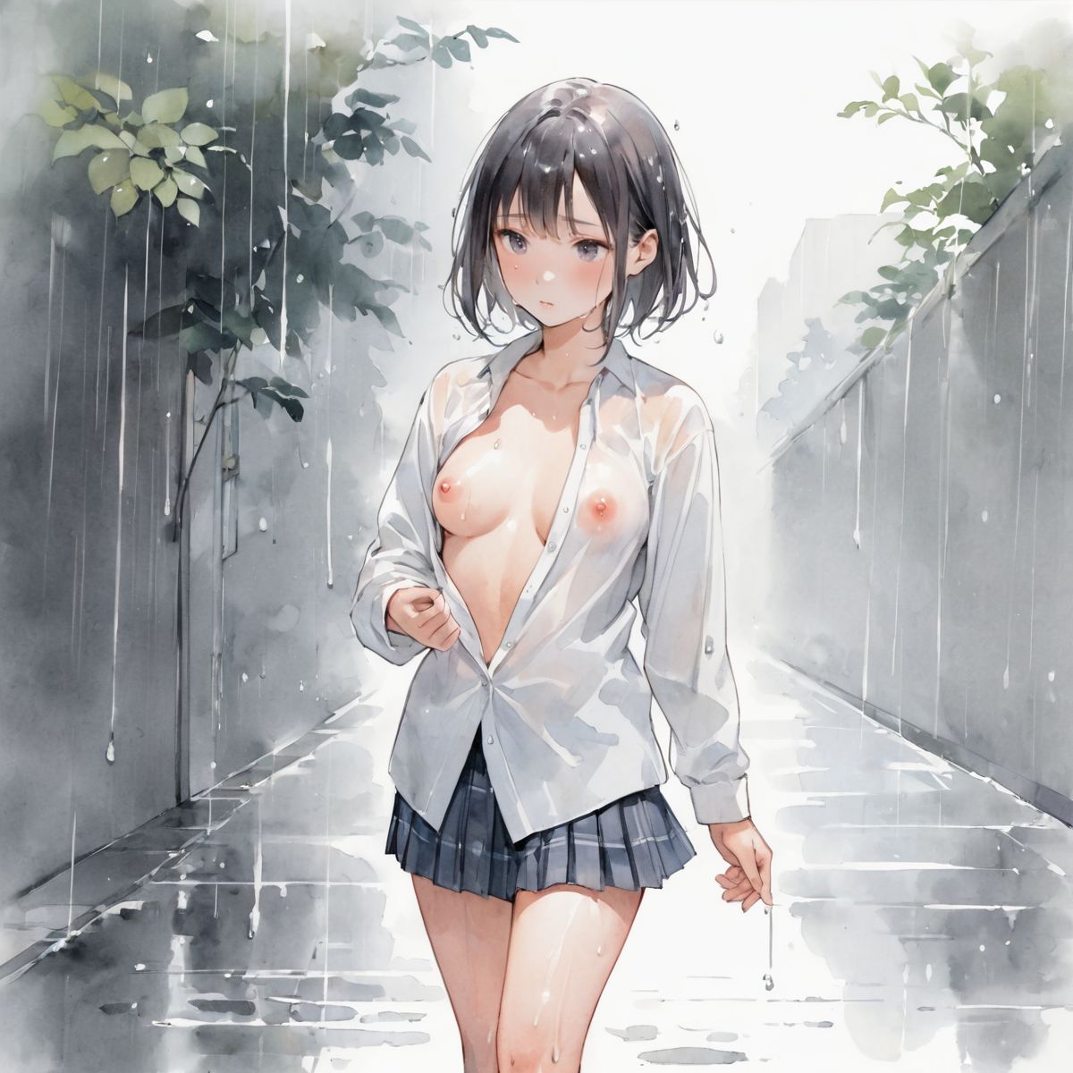 An girl walks quietly in the drizzling rain.
school uniform, 
show off nipples under white shirt, 
(watercolor:0.6),(pastelcolor:0.4), (white backgroud:1.2)