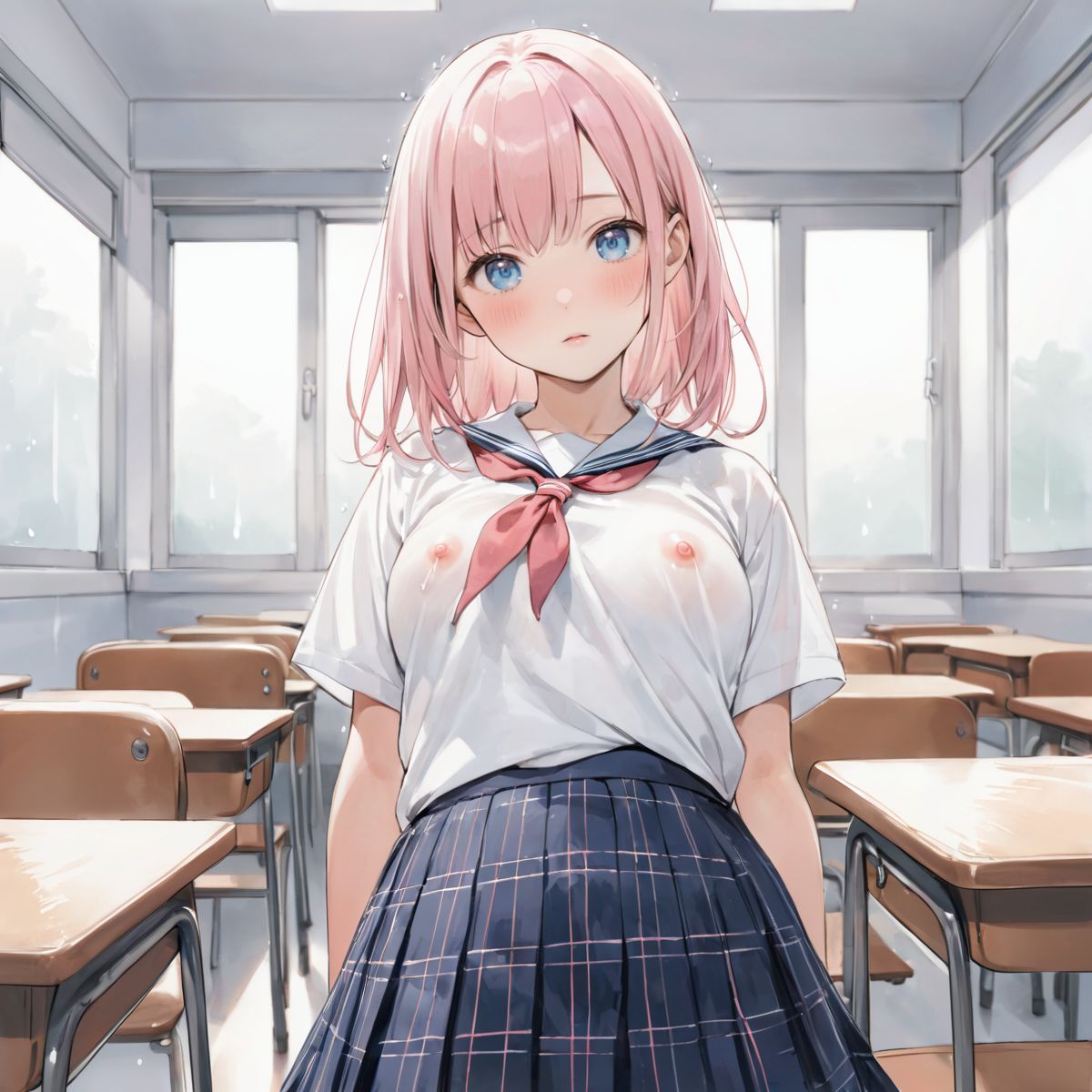 An girl walks quietly in the drizzling rain.
school uniform, 
show off nipples under white shirt, 
(watercolor:0.6),(pastelcolor:0.4), (white backgroud:1.2)

1girl,pearl pink hair, blue eyes, blush, white t-shirt, head tilt, straight-on, looking at viewer, navy skirt in plaid skirt, black socks, from below, classroom,