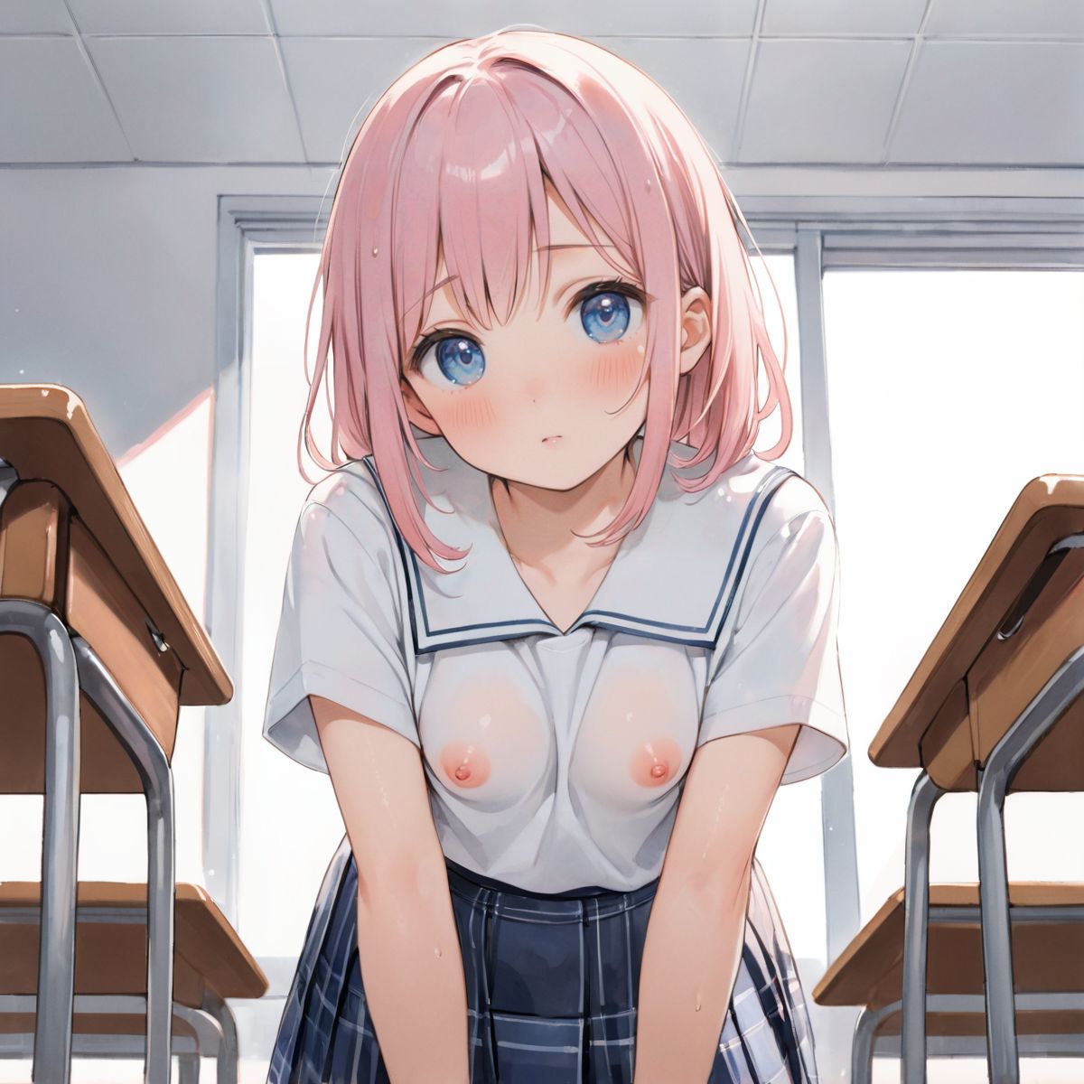 An girl walks quietly in the drizzling rain.
school uniform, 
show off nipples under white shirt, 
(watercolor:0.6),(pastelcolor:0.4), (white backgroud:1.2)

1girl,pearl pink hair, blue eyes, blush, white t-shirt, head tilt, straight-on, looking at viewer, navy skirt in plaid skirt, black socks, from below, classroom,