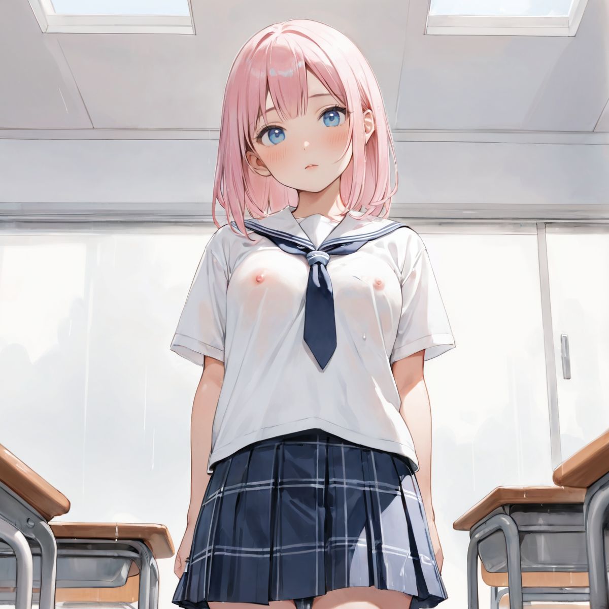 An girl walks quietly in the drizzling rain.
school uniform, 
show off nipples under white shirt, 
(watercolor:0.6),(pastelcolor:0.4), (white backgroud:1.2)

1girl,pearl pink hair, blue eyes, blush, white t-shirt, head tilt, straight-on, looking at viewer, navy skirt in plaid skirt, black socks, from below, classroom,