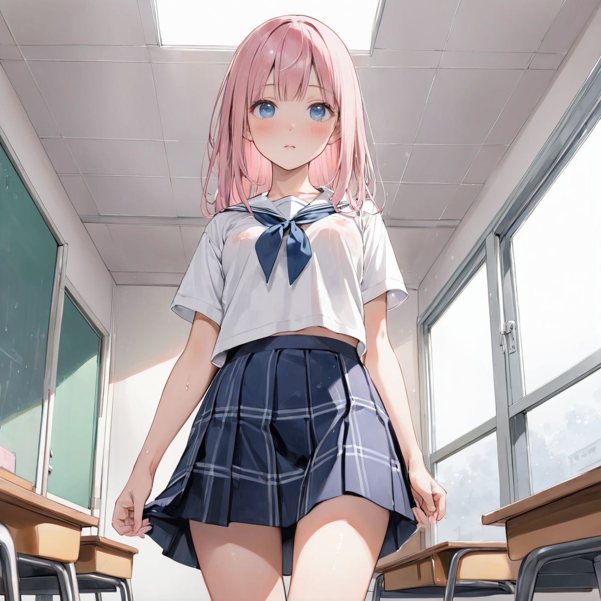 An girl walks quietly in the drizzling rain.
school uniform, 
show off nipples under white shirt, 
(watercolor:0.6),(pastelcolor:0.4), (white backgroud:1.2)

1girl,pearl pink hair, blue eyes, blush, white t-shirt, head tilt, straight-on, looking at viewer, navy skirt in plaid skirt, black socks, from below, classroom,