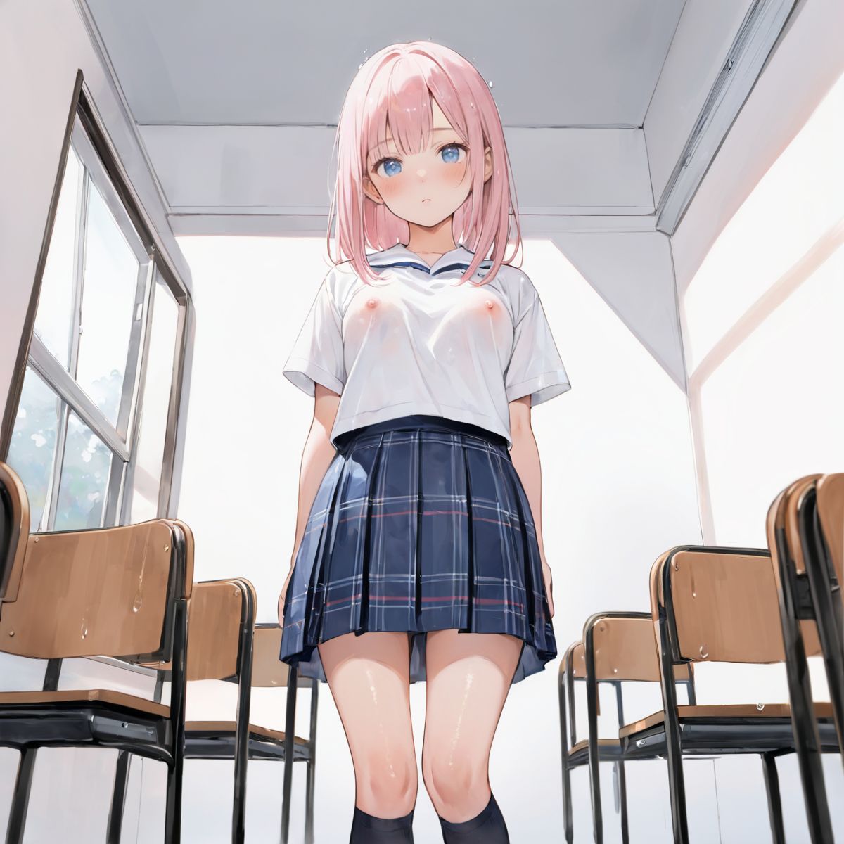 An girl walks quietly in the drizzling rain.
school uniform, 
show off nipples under white shirt, 
(watercolor:0.6),(pastelcolor:0.4), (white backgroud:1.2)

1girl,pearl pink hair, blue eyes, blush, white t-shirt, head tilt, straight-on, looking at viewer, navy skirt in plaid skirt, black socks, from below, classroom,