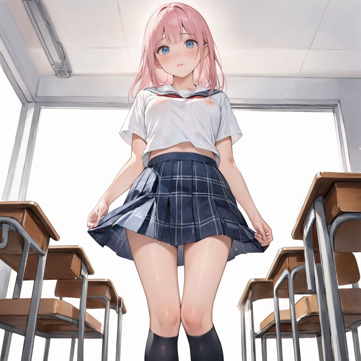 An girl walks quietly in the drizzling rain.
school uniform, 
show off nipples under white shirt, 
(watercolor:0.6),(pastelcolor:0.4), (white backgroud:1.2)

1girl,pearl pink hair, blue eyes, blush, white t-shirt, head tilt, straight-on, looking at viewer, navy skirt in plaid skirt, black socks, from below, classroom,