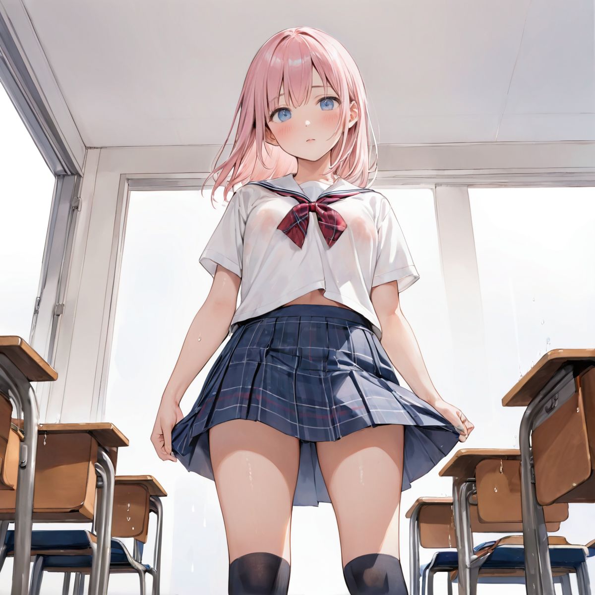 An girl walks quietly in the drizzling rain.
school uniform, 
show off nipples under white shirt, 
(watercolor:0.6),(pastelcolor:0.4), (white backgroud:1.2)

1girl,pearl pink hair, blue eyes, blush, white t-shirt, head tilt, straight-on, looking at viewer, navy skirt in plaid skirt, black socks, from below, classroom,