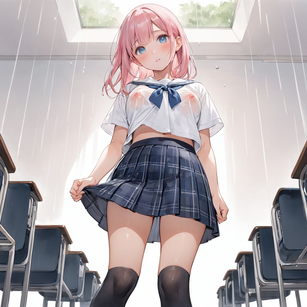 An girl walks quietly in the drizzling rain.
school uniform, 
My bra is transparent.
show off nipples under white shirt, 
(watercolor:0.6),(pastelcolor:0.4), (white backgroud:1.2)

1girl,pearl pink hair, blue eyes, blush, white t-shirt, head tilt, straight-on, looking at viewer, navy skirt in plaid skirt, black socks, from below, classroom,