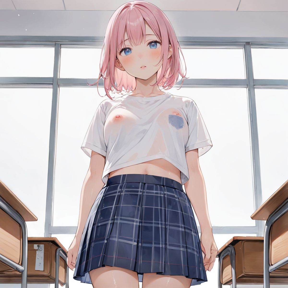 An girl walks quietly in the drizzling rain.
school uniform, 
My bra is transparent.
show off nipples under white shirt, 
(watercolor:0.6),(pastelcolor:0.4), (white backgroud:1.2)

1girl,pearl pink hair, blue eyes, blush, white t-shirt, head tilt, straight-on, looking at viewer, navy skirt in plaid skirt, black socks, from below, classroom,