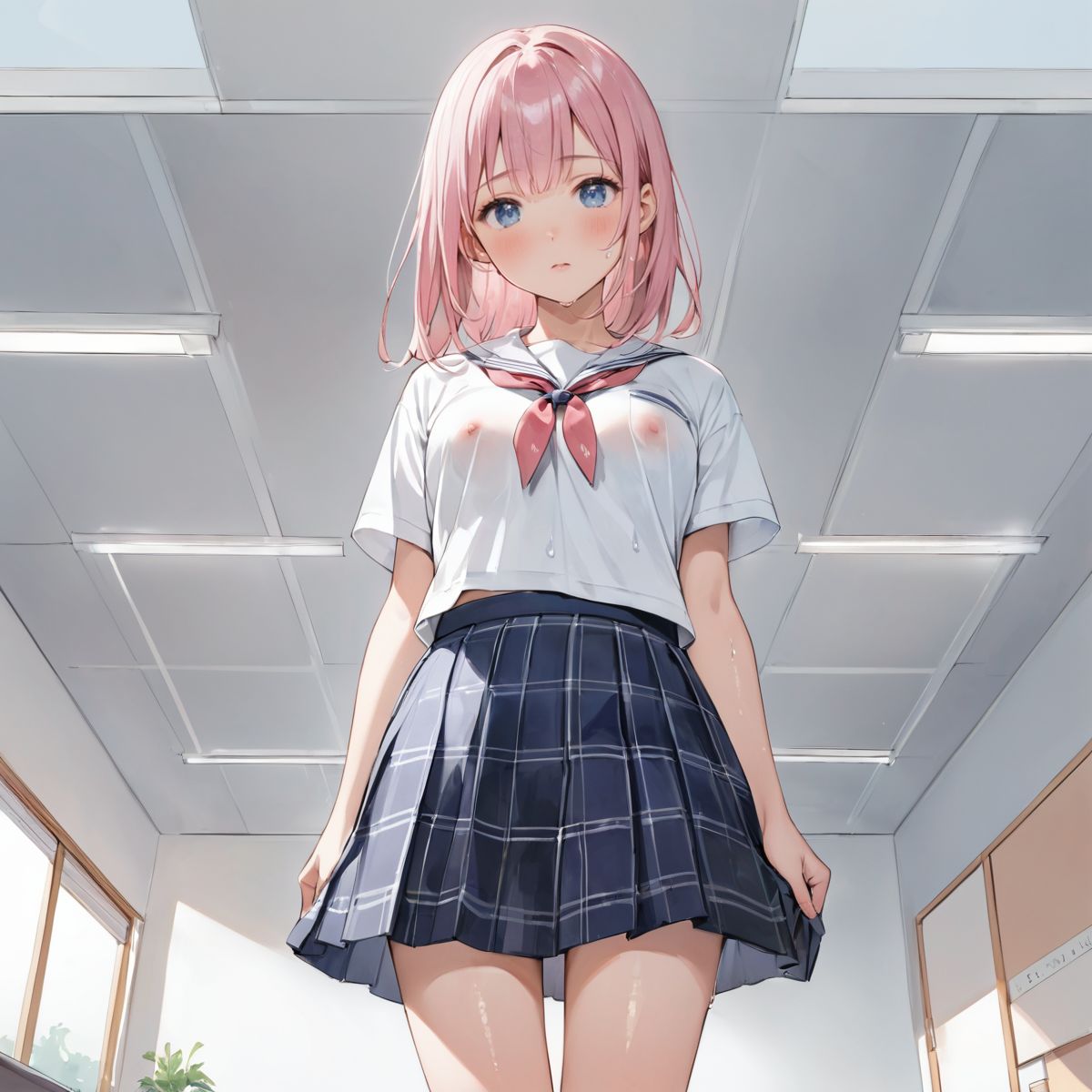 An girl walks quietly in the drizzling rain.
school uniform, 
My bra is transparent.
show off nipples under white shirt, 
(watercolor:0.6),(pastelcolor:0.4), (white backgroud:1.2)

1girl,pearl pink hair, blue eyes, blush, white t-shirt, head tilt, straight-on, looking at viewer, navy skirt in plaid skirt, black socks, from below, classroom,