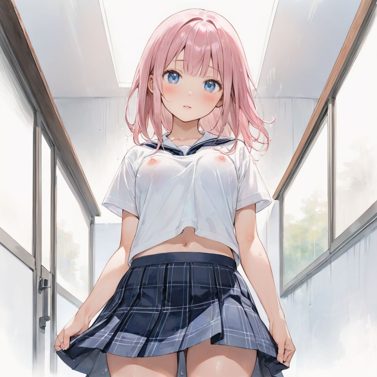 An girl walks quietly in the drizzling rain.
school uniform, 
My bra is transparent.
show off nipples under white shirt, 
(watercolor:0.6),(pastelcolor:0.4), (white backgroud:1.2)

1girl,pearl pink hair, blue eyes, blush, white t-shirt, head tilt, straight-on, looking at viewer, navy skirt in plaid skirt, black socks, from below, classroom,