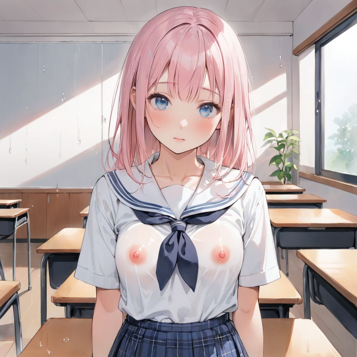 An girl walks quietly in the drizzling rain.
school uniform, 
My bra is transparent.
show off nipples under white shirt, 
(watercolor:0.6),(pastelcolor:0.4), (white backgroud:1.2)

1girl,pearl pink hair, blue eyes, blush, white t-shirt, head tilt, straight-on, looking at viewer, navy skirt in plaid skirt, black socks, from below, classroom,