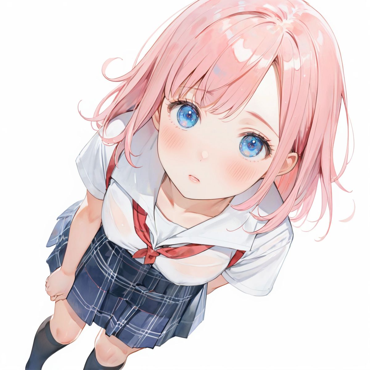 A girl is walking quietly in a light rain.
She is wearing school uniform, and her bra is transparent under her white shirt,
(Watercolor:0.6), (Pastel color:0.4), (White background:1.2)

One girl, pearl pink hair, blue eyes, blushed cheeks, white T-shirt, tilting head, looking at me, from front, navy plaid skirt, black socks, looking up from below,