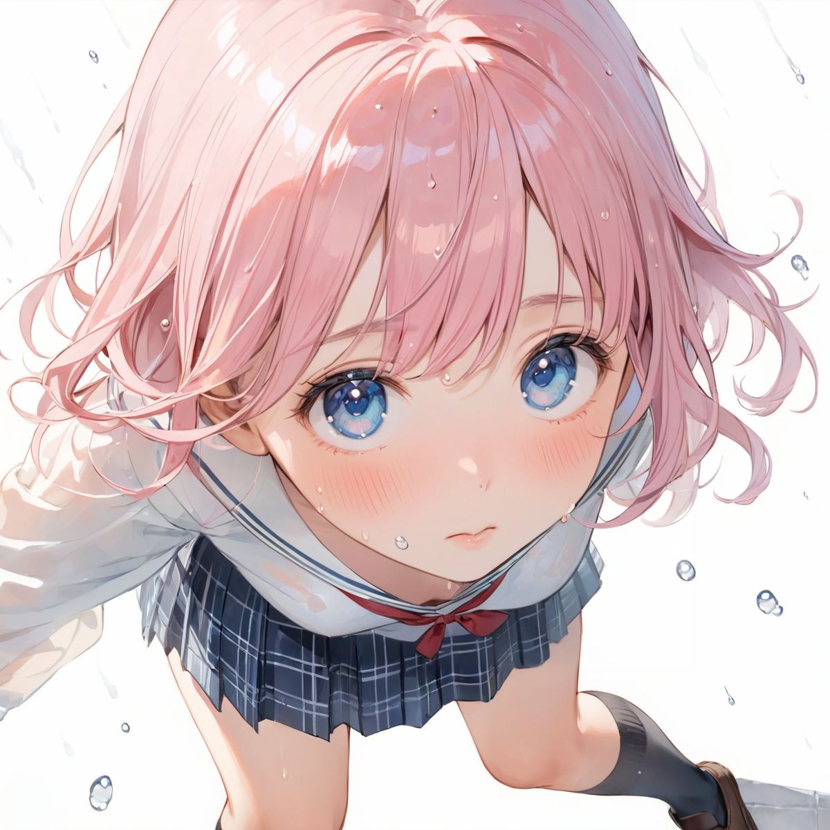 A girl is walking quietly in a light rain.
Her school uniform is wet and the pattern of her bra can be seen through the white shirt underneath,
(Watercolor:0.6), (Pastel color:0.4), (White background:1.2)

One girl, pearl pink hair, blue eyes, blushed cheeks, tilted head, from front, looking at me, navy plaid skirt turned up, black socks, looking up from below,