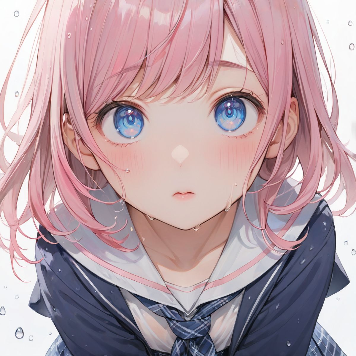 A girl is walking quietly in a light rain.
Her school uniform is wet and the pattern of her bra can be seen through the white shirt underneath,
(Watercolor:0.6), (Pastel color:0.4), (White background:1.2)

One girl, pearl pink hair, blue eyes, blushed cheeks, tilted head, from front, looking at me, navy plaid skirt turned up, black socks, looking up from below,