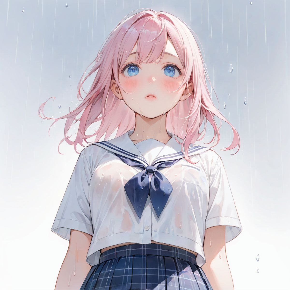 A girl is walking quietly in a light rain.
Her school uniform is wet and the pattern of her bra can be seen through the white shirt underneath,
(Watercolor:0.6), (Pastel color:0.4), (White background:1.2)

One girl, pearl pink hair, blue eyes, blushed cheeks, tilted head, from front, looking at me, navy plaid skirt turned up, black socks, looking up from below,