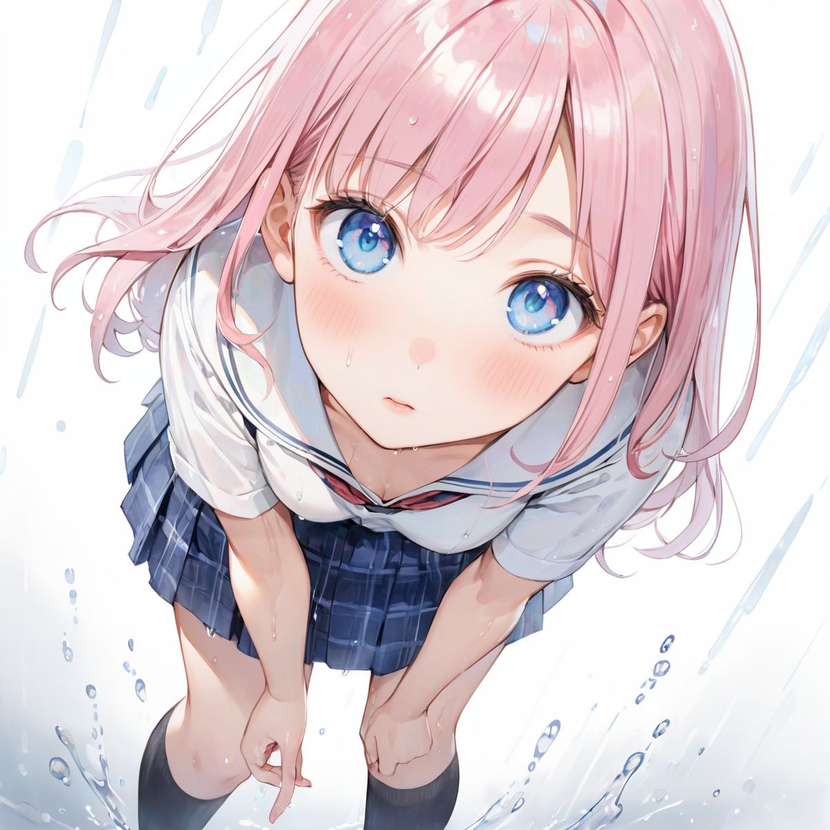 A girl is walking quietly in a light rain.
Her school uniform is wet and the pattern of her bra can be seen through the white shirt underneath,
(Watercolor:0.6), (Pastel color:0.4), (White background:1.2)

One girl, pearl pink hair, blue eyes, blushed cheeks, tilted head, from front, looking at me, navy plaid skirt turned up, black socks, looking up from below,