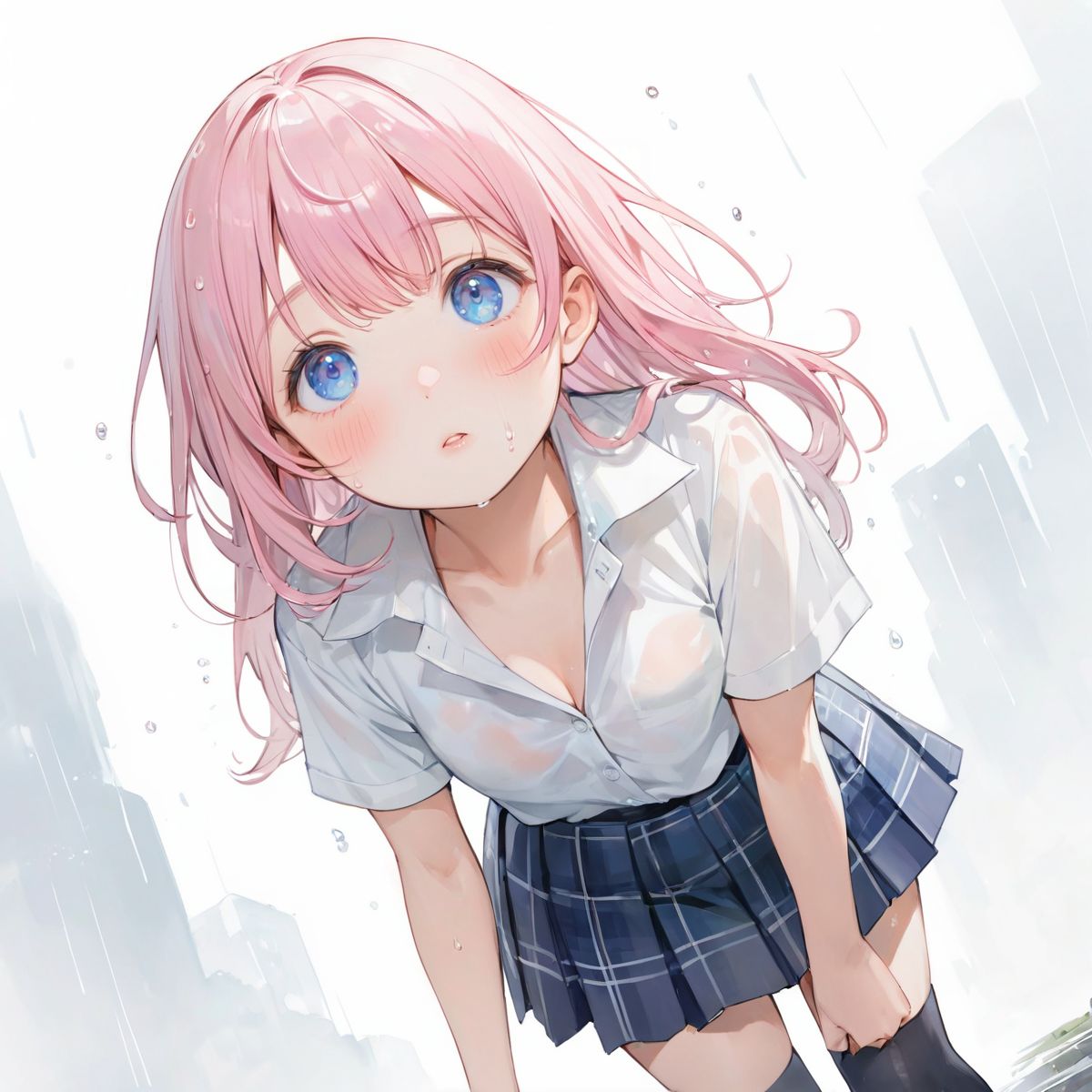 A girl is walking quietly in a light rain.
Her school uniform is wet and the pattern of her bra can be seen through the white shirt underneath,
(Watercolor:0.6), (Pastel color:0.4), (White background:1.2)

One girl, pearl pink hair, blue eyes, blushed cheeks, tilted head, from front, looking at me, navy plaid skirt turned up, black socks, looking up from below,