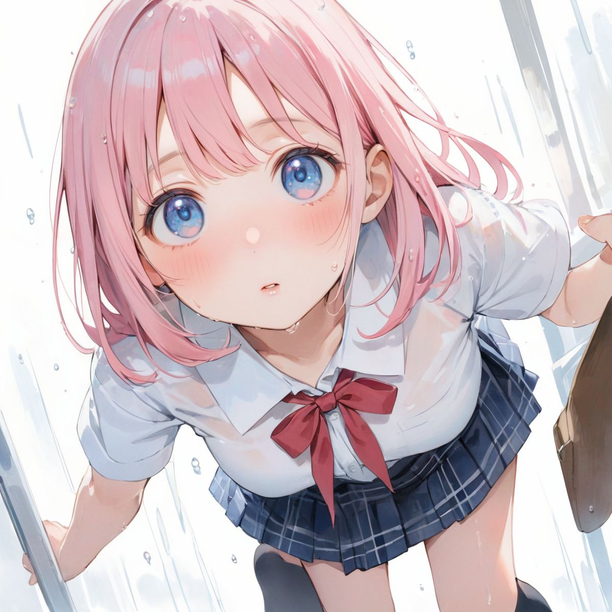 A girl is walking quietly in a light rain.
Her school uniform is wet and the pattern of her bra can be seen through the white shirt underneath,
(Watercolor:0.6), (Pastel color:0.4), (White background:1.2)

One girl, pearl pink hair, blue eyes, blushed cheeks, tilted head, from front, looking at me, navy plaid skirt turned up, black socks, looking up from below,