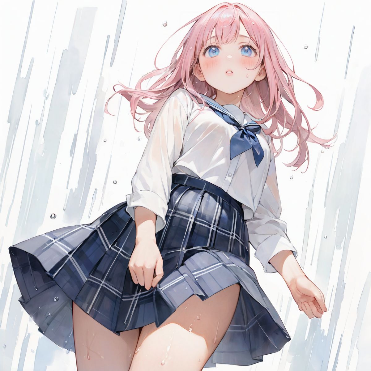 A girl is walking quietly in a light rain.
Her school uniform is wet and the pattern of her bra can be seen through the white shirt underneath,
(Watercolor:0.6), (Pastel color:0.4), (White background:1.2)

One girl, pearl pink hair, blue eyes, blushed cheeks, tilted head, from front, looking at me, navy plaid skirt turned up, black socks, looking up from below,