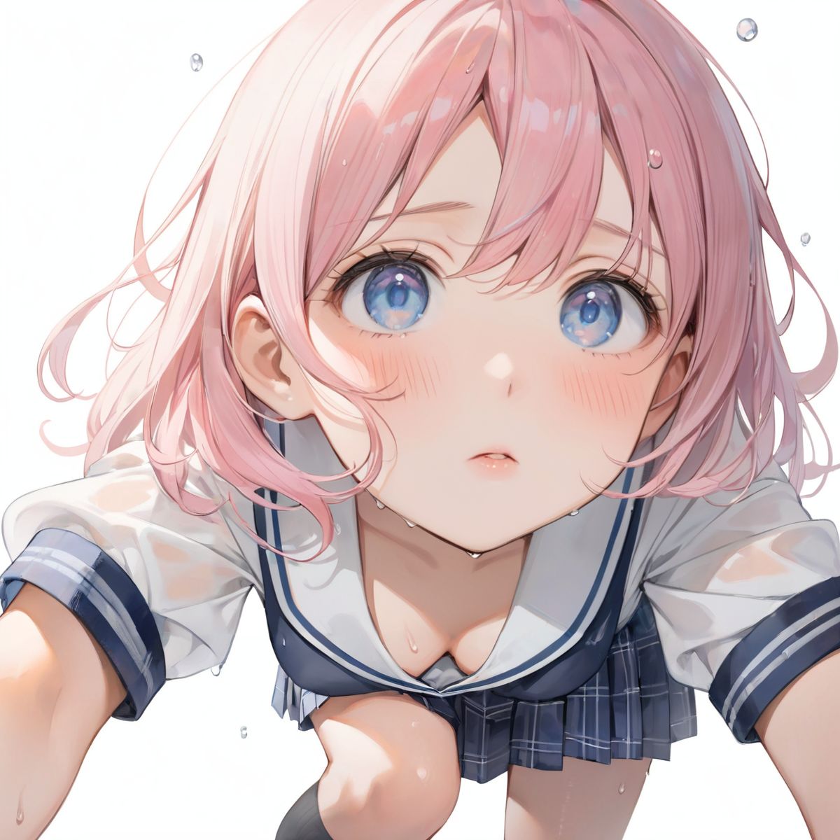 A girl is walking quietly in a light rain.
Her school uniform is wet and her navy checkered bra is transparent under her white shirt,
(Watercolor:0.6), (Pastel color:0.4), (White background:1.2)

One girl, pearl pink hair, blue eyes, blushed cheeks, tilted head, from front, looking at me, navy plaid skirt turned up, black socks, looking up from below,