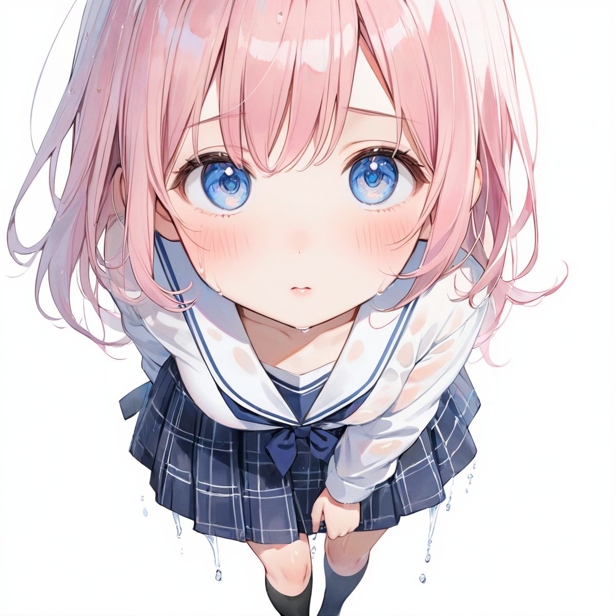 A girl is walking quietly in a light rain.
Her school uniform is wet and her navy checkered bra is transparent under her white shirt,
(Watercolor:0.6), (Pastel color:0.4), (White background:1.2)

One girl, pearl pink hair, blue eyes, blushed cheeks, tilted head, from front, looking at me, navy plaid skirt turned up, black socks, looking up from below,