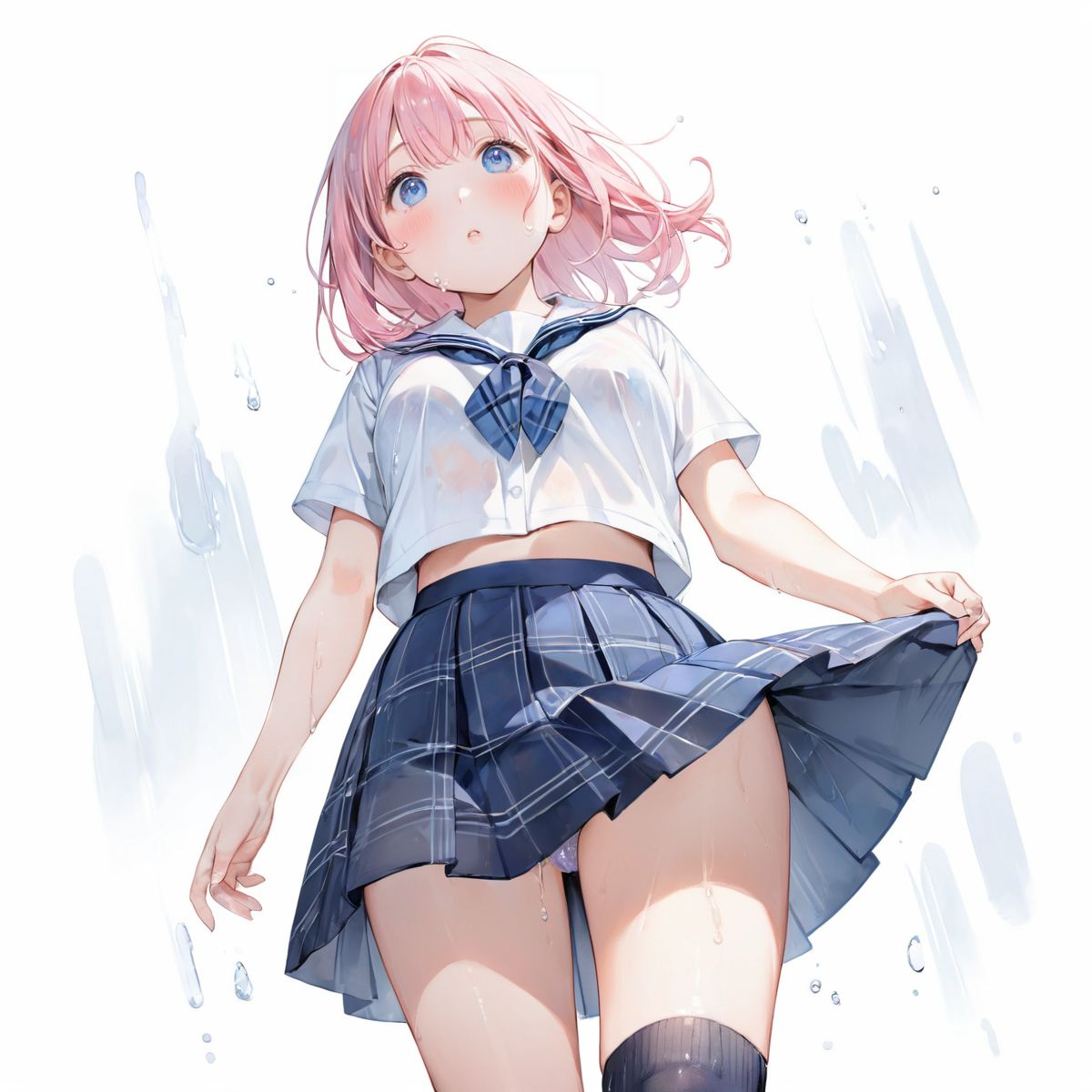 A girl is walking quietly in a light rain.
Her school uniform is wet and her navy checkered bra is transparent under her white shirt,
(Watercolor:0.6), (Pastel color:0.4), (White background:1.2)

One girl, pearl pink hair, blue eyes, blushed cheeks, tilted head, from front, looking at me, navy plaid skirt turned up, black socks, looking up from below,