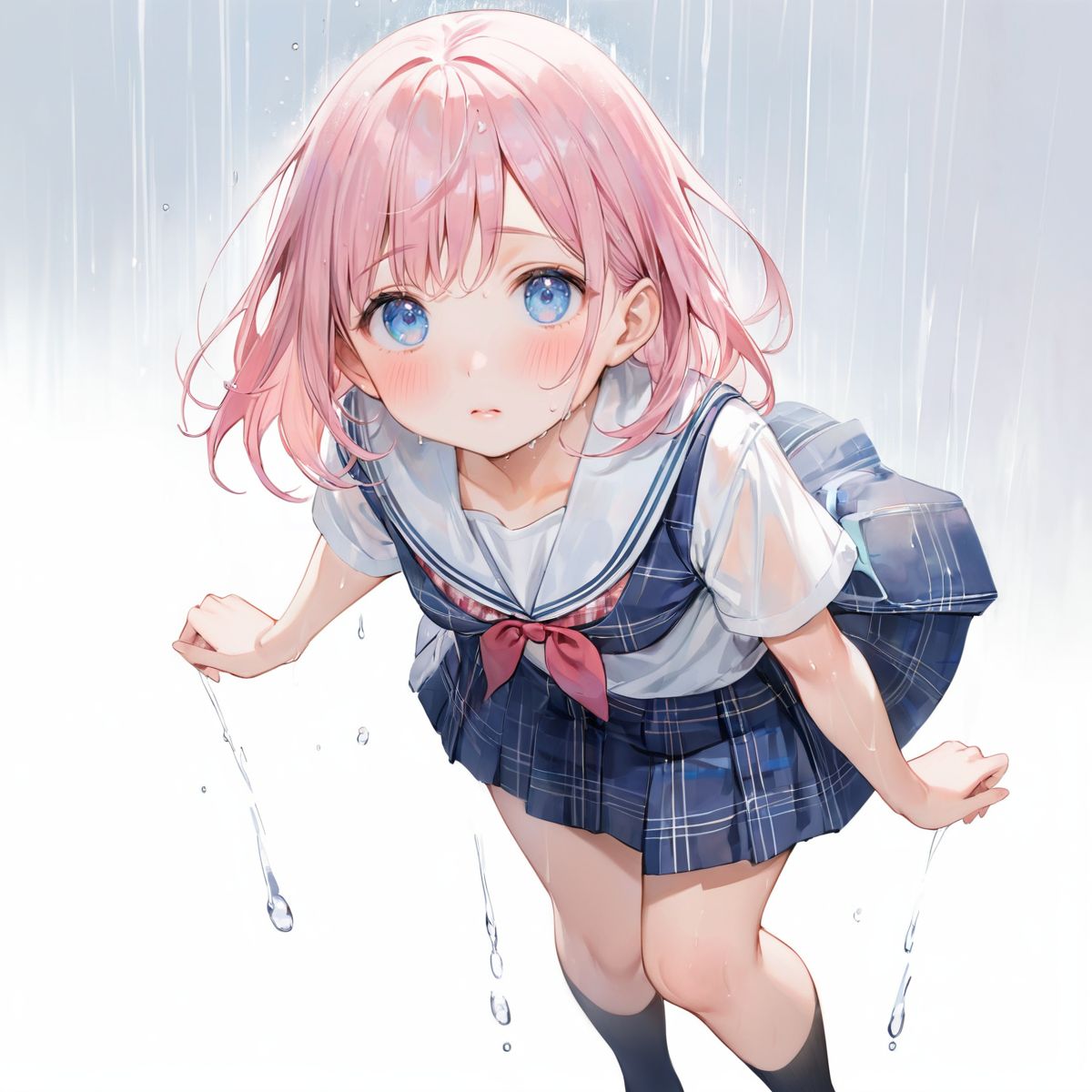 A girl is walking quietly in a light rain.
Her school uniform is wet and her navy checkered bra is transparent under her white shirt,
(Watercolor:0.6), (Pastel color:0.4), (White background:1.2)

One girl, pearl pink hair, blue eyes, blushed cheeks, tilted head, from front, looking at me, navy plaid skirt turned up, black socks, looking up from below,