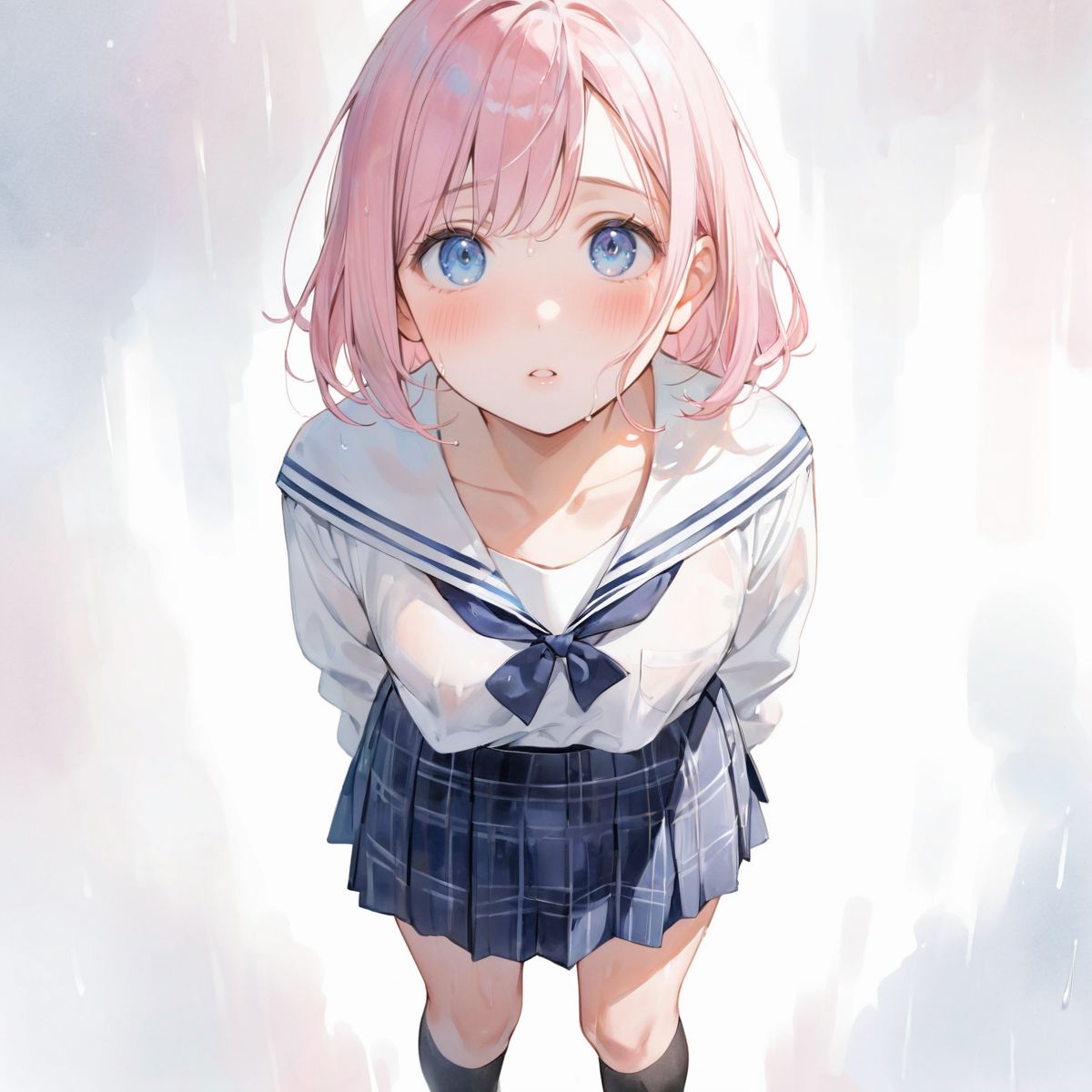 A girl is walking quietly in a light rain.
Her school uniform is wet and her navy checkered bra is transparent under her white shirt,
(Watercolor:0.6), (Pastel color:0.4), (White background:1.2)

One girl, pearl pink hair, blue eyes, blushed cheeks, tilted head, from front, looking at me, navy plaid skirt turned up, black socks, looking up from below,