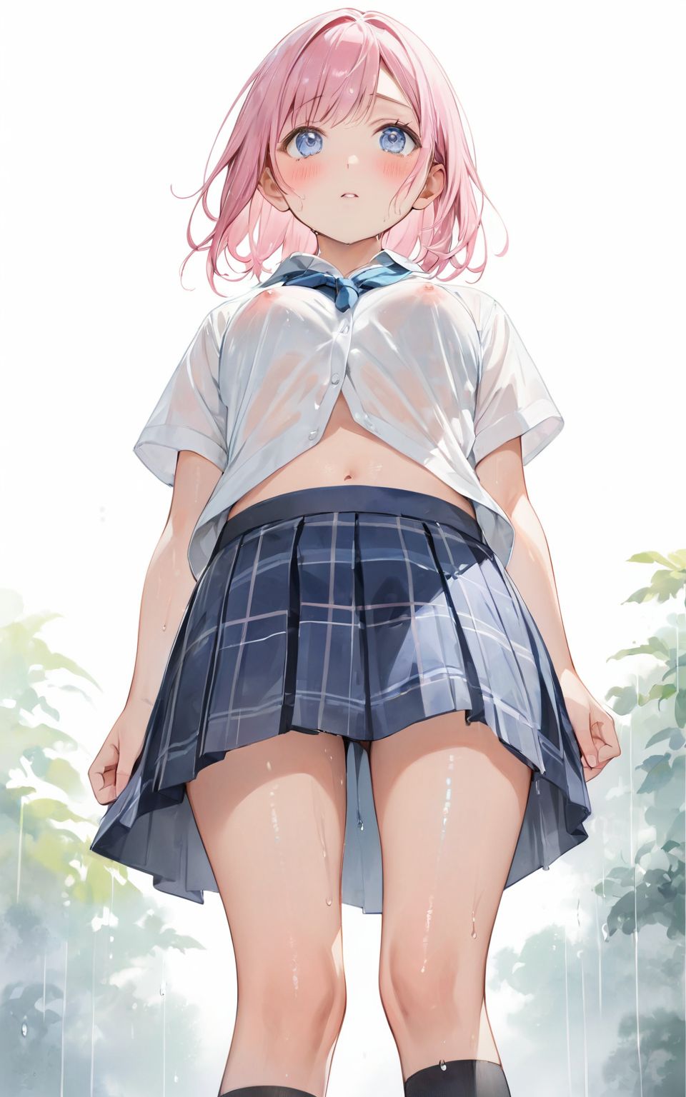 A girl is walking quietly in a light rain.
Her school uniform is wet from the rain,
(Wet bra is transparent under the white shirt and a little pink of the nipples can be seen: 0.9),
(Watercolor:0.6), (Pastel color:0.4), (White background:1.2)

One girl, pearl pink hair, blue eyes, blushed cheeks, tilted head, from front, looking at me, navy plaid skirt turned up, black socks, looking up from below,