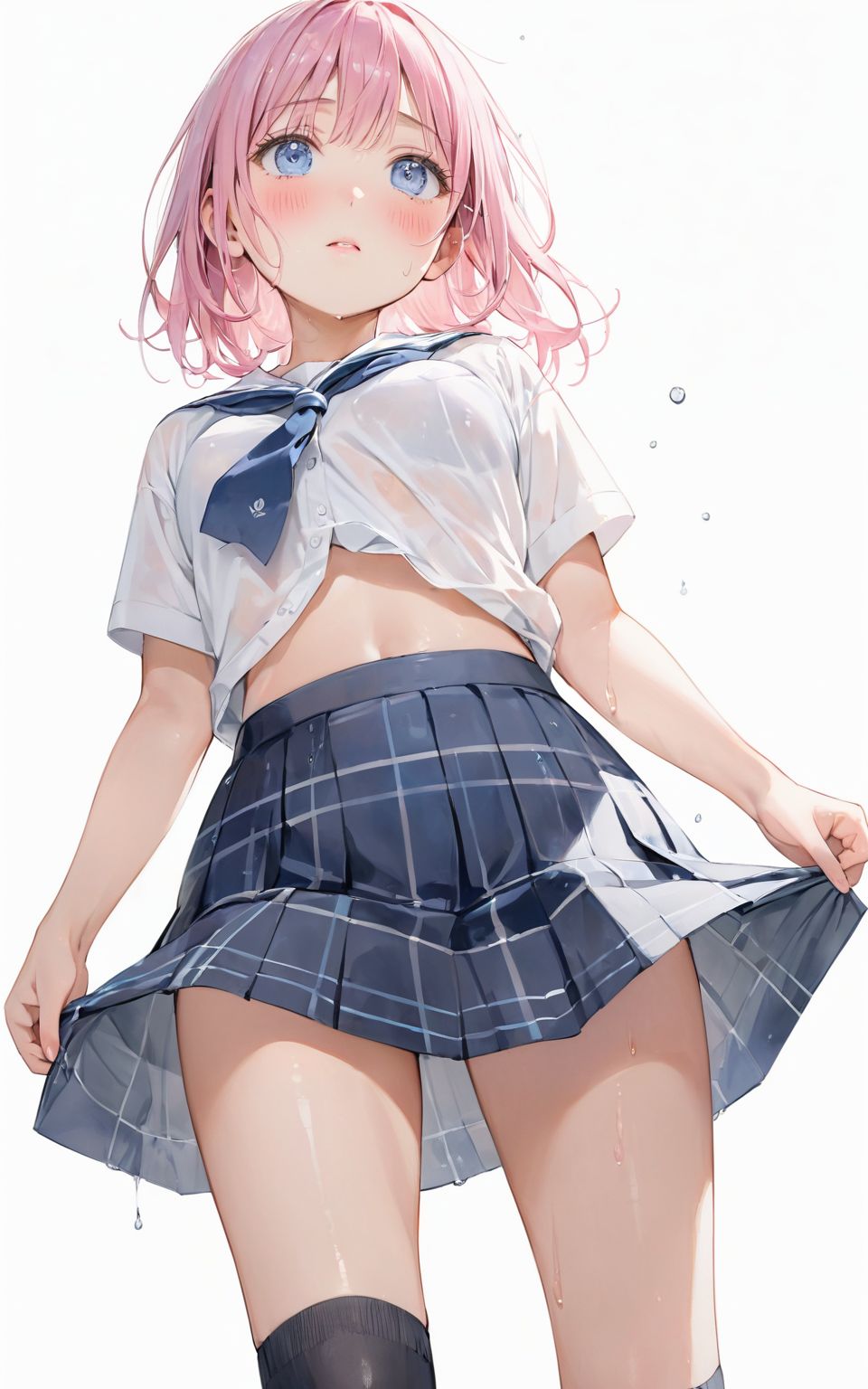 A girl is walking quietly in a light rain.
Her school uniform is wet from the rain,
(Wet bra is transparent under the white shirt and a little pink of the nipples can be seen: 0.9),
(Watercolor:0.6), (Pastel color:0.4), (White background:1.2)

One girl, pearl pink hair, blue eyes, blushed cheeks, tilted head, from front, looking at me, navy plaid skirt turned up, black socks, looking up from below,