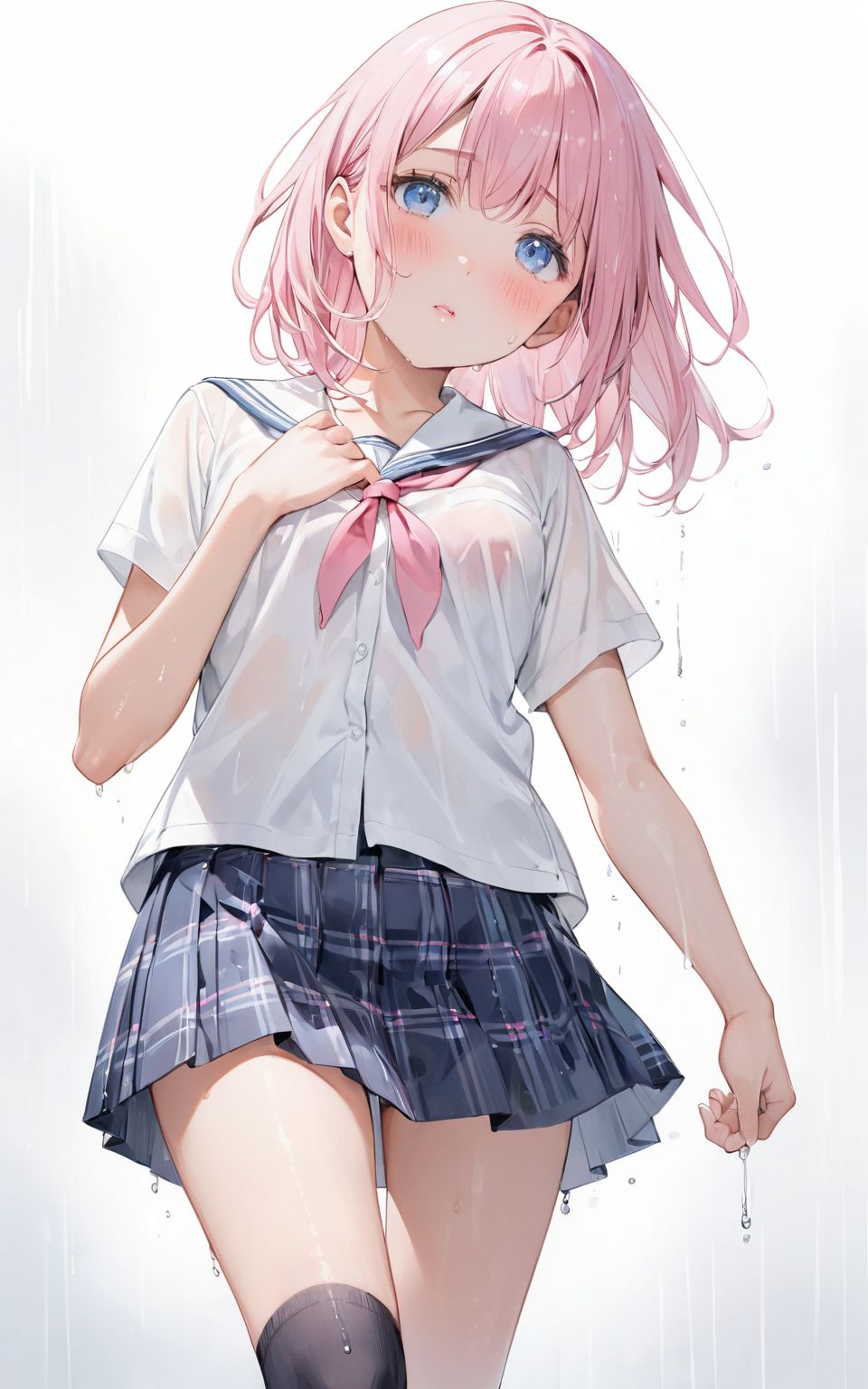 A girl is walking quietly in a light rain.
Her school uniform is wet from the rain,
(Wet bra is transparent under the white shirt and a little pink of the nipples can be seen: 0.9),
(Watercolor:0.6), (Pastel color:0.4), (White background:1.2)

One girl, pearl pink hair, blue eyes, blushed cheeks, tilted head, from front, looking at me, navy plaid skirt turned up, black socks, looking up from below,