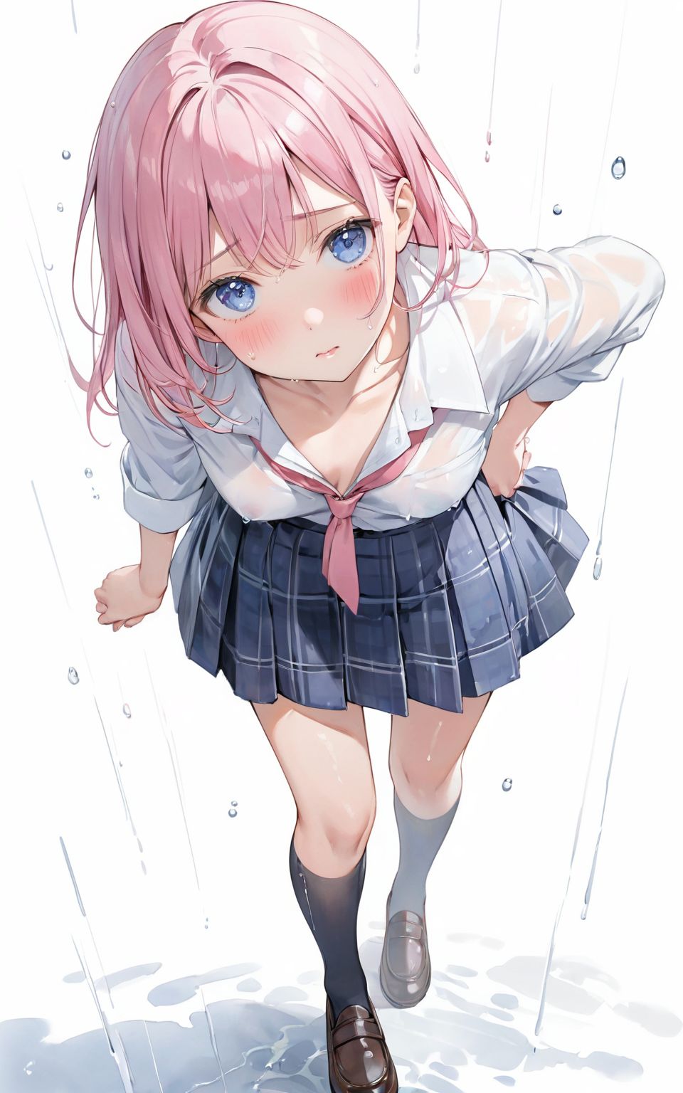 A girl is walking quietly in a light rain.
Her school uniform is wet from the rain,
(Wet bra is transparent under the white shirt and a little pink of the nipples can be seen: 0.9),
(Watercolor:0.6), (Pastel color:0.4), (White background:1.2)

One girl, pearl pink hair, blue eyes, blushed cheeks, tilted head, from front, looking at me, navy plaid skirt turned up, black socks, looking up from below,