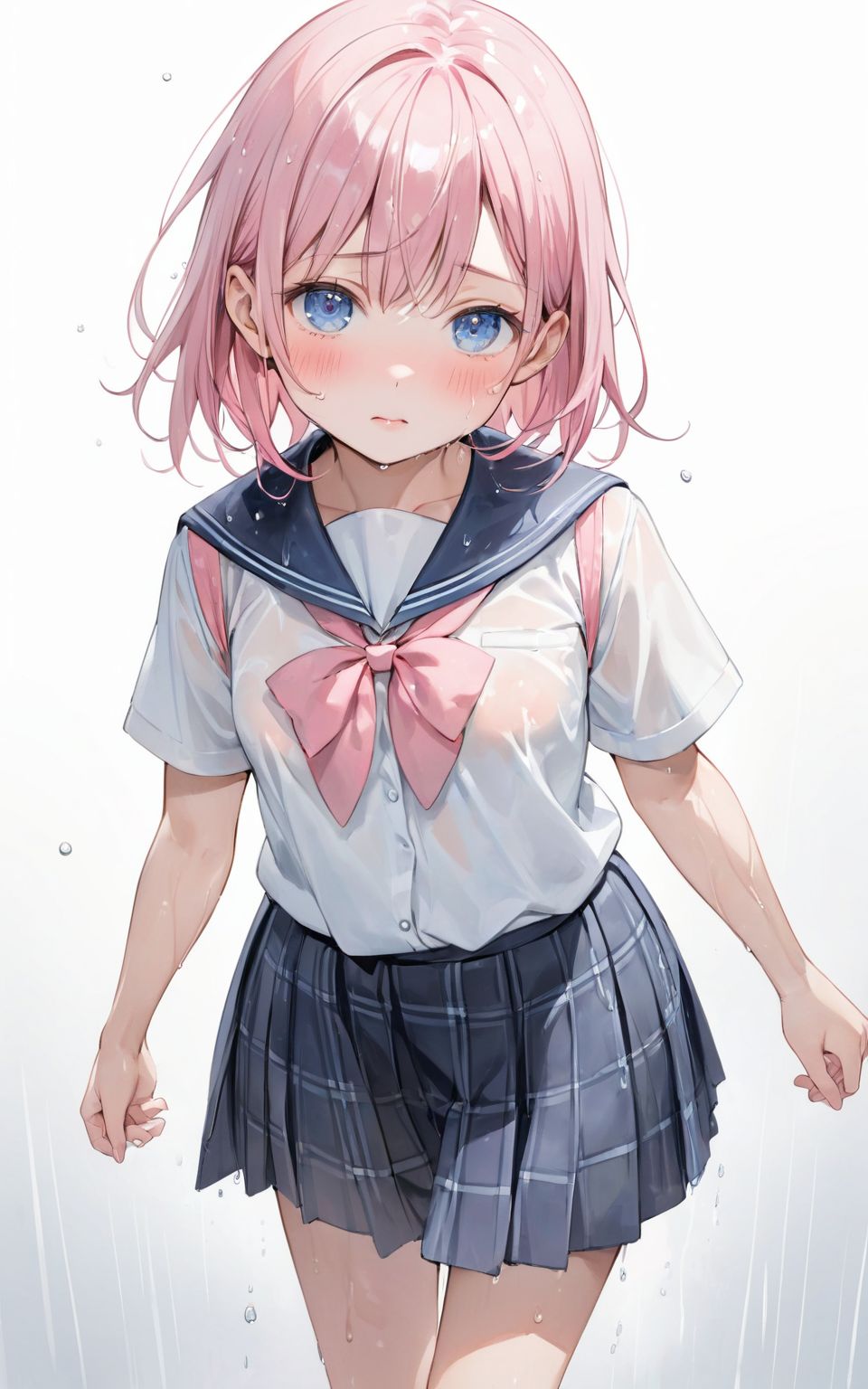 A girl is walking quietly in a light rain.
Her school uniform is wet from the rain,
(Wet bra is transparent under the white shirt and a little pink of the nipples can be seen: 0.9),
(Watercolor:0.6), (Pastel color:0.4), (White background:1.2)

One girl, pearl pink hair, blue eyes, blushed cheeks, tilted head, from front, looking at me, navy plaid skirt turned up, black socks, looking up from below,