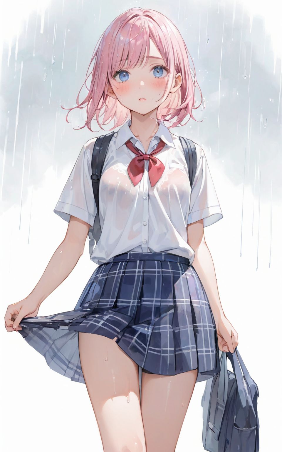 A girl is walking quietly in a light rain.
Her school uniform is wet from the rain,
(The pattern of a wet bra can be seen through the white shirt: 1.05),
(Watercolor:0.6), (Pastel color:0.4), (White background:1.2)

One girl, pearl pink hair, blue eyes, blushed cheeks, tilted head, from front, looking at me, navy plaid skirt turned up, black socks, looking up from below,