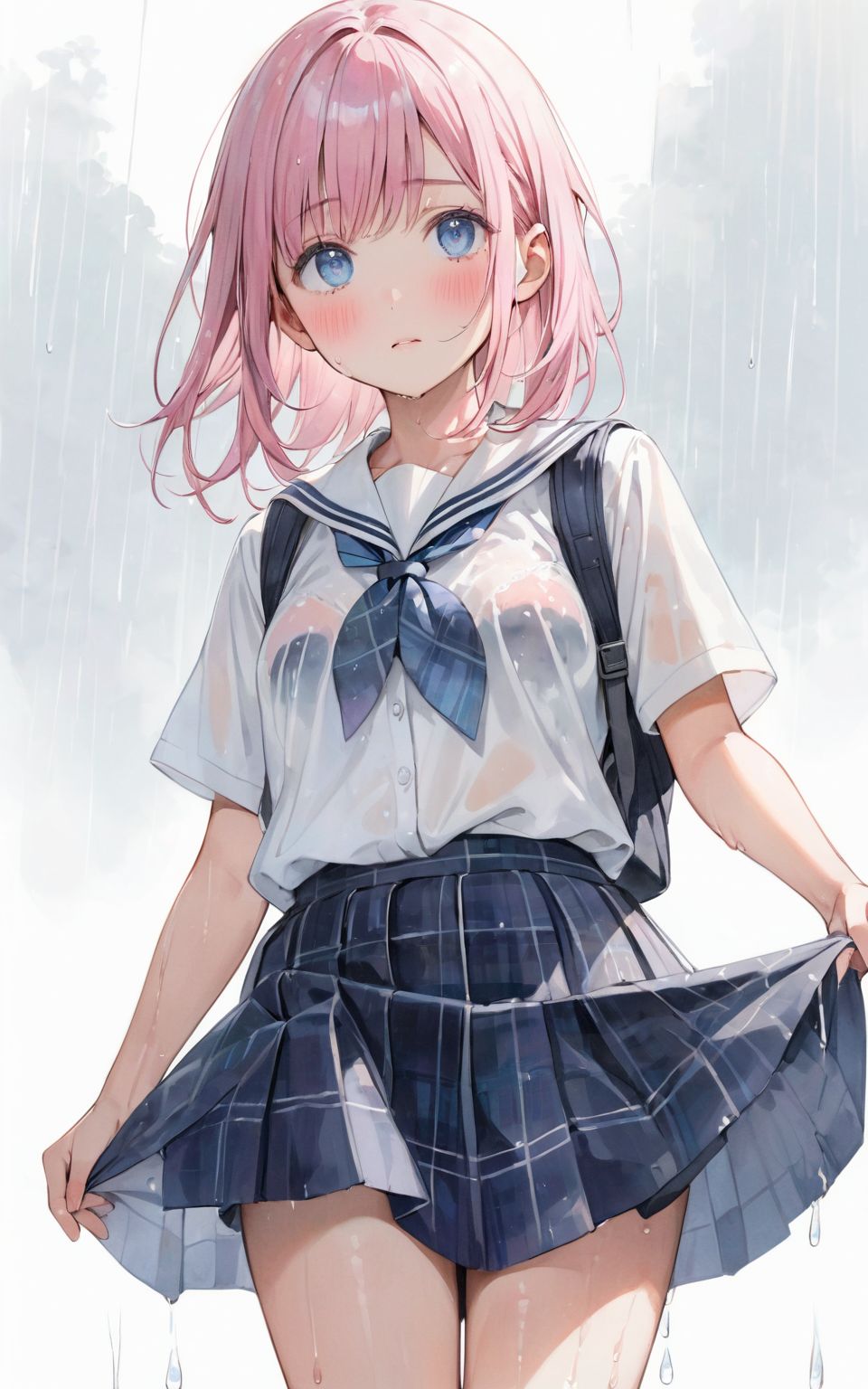 A girl is walking quietly in a light rain.
Her school uniform is wet from the rain,
(The pattern of a wet bra can be seen through the white shirt: 1.05),
(Watercolor:0.6), (Pastel color:0.4), (White background:1.2)

One girl, pearl pink hair, blue eyes, blushed cheeks, tilted head, from front, looking at me, navy plaid skirt turned up, black socks, looking up from below,