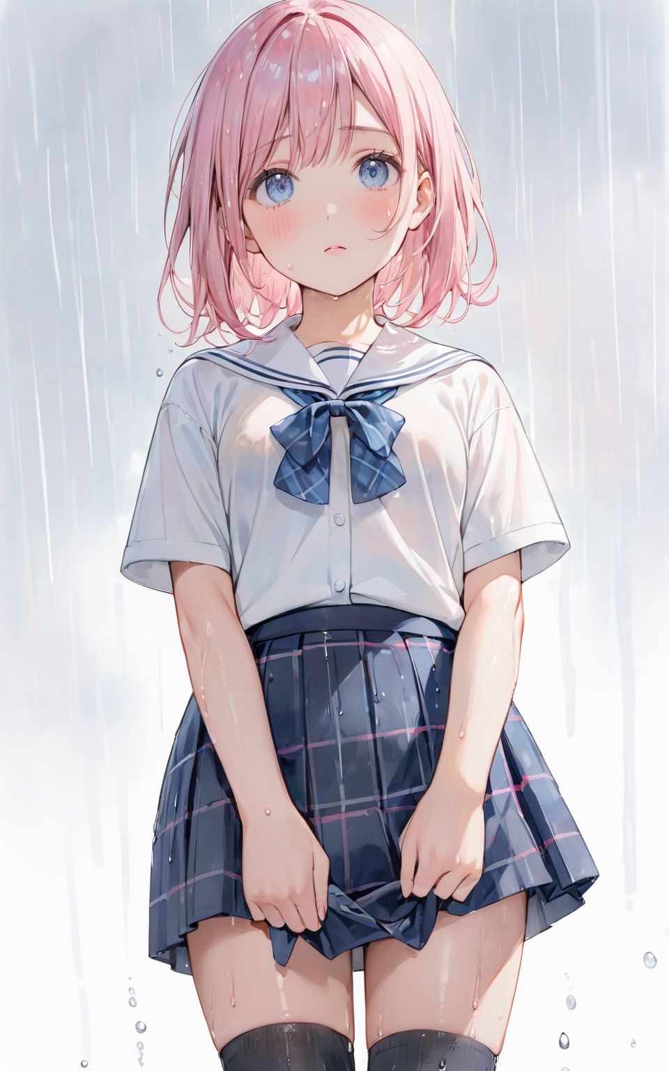 A girl is walking quietly in a light rain.
Her school uniform is wet from the rain,
(The pattern of a wet bra can be seen through the white shirt: 1.05),
(Watercolor:0.6), (Pastel color:0.4), (White background:1.2)

One girl, pearl pink hair, blue eyes, blushed cheeks, tilted head, from front, looking at me, navy plaid skirt turned up, black socks, looking up from below,