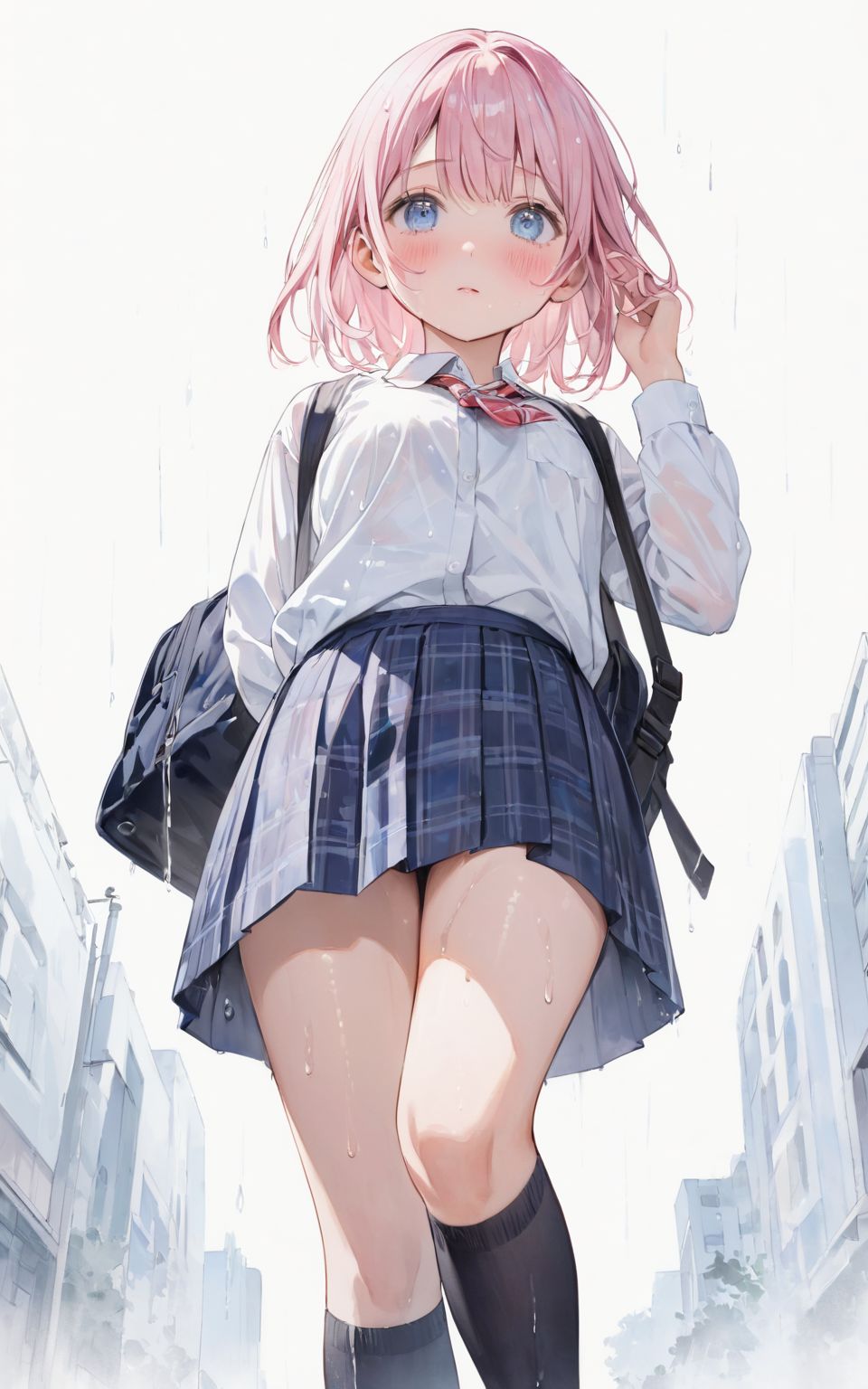 A girl is walking quietly in a light rain.
Her school uniform is wet from the rain,
(The pattern of a wet bra can be seen through the white shirt: 1.05),
(Watercolor:0.6), (Pastel color:0.4), (White background:1.2)

One girl, pearl pink hair, blue eyes, blushed cheeks, tilted head, from front, looking at me, navy plaid skirt turned up, black socks, looking up from below,