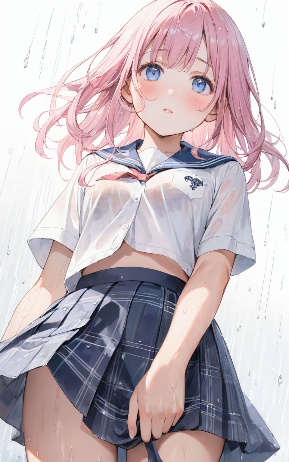 A girl is walking quietly in a light rain.
Her school uniform is wet from the rain,
(The pattern of a wet bra can be seen through the white shirt: 1.05),
(Watercolor:0.6), (Pastel color:0.4), (White background:1.2)

One girl, pearl pink hair, blue eyes, blushed cheeks, tilted head, from front, looking at me, navy plaid skirt turned up, black socks, looking up from below,