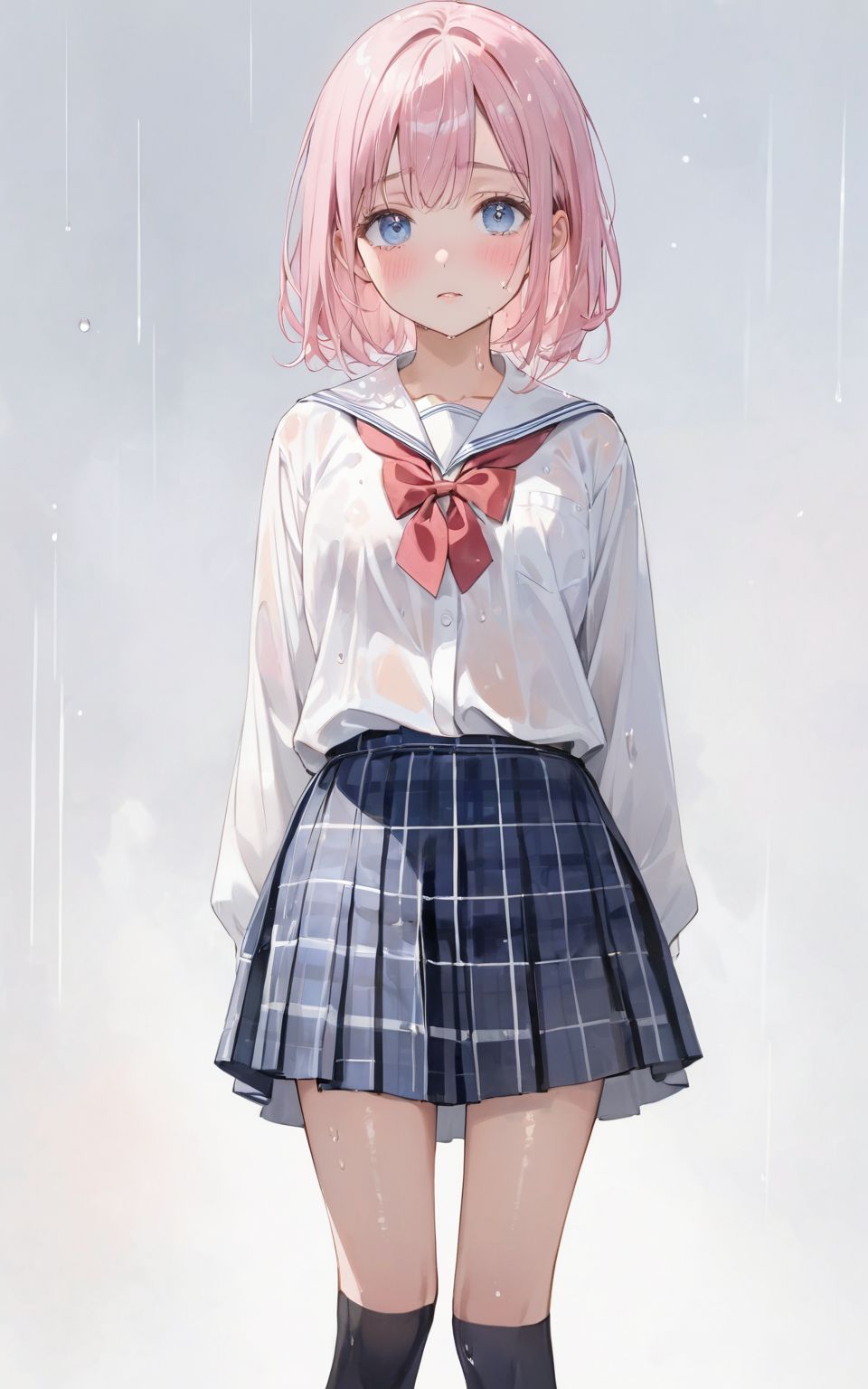 A girl is walking quietly in a light rain.
Her school uniform is wet from the rain,
(The pattern of a wet bra can be seen through the white shirt: 1.05),
(Watercolor:0.6), (Pastel color:0.4), (White background:1.2)

One girl, pearl pink hair, blue eyes, blushed cheeks, tilted head, from front, looking at me, navy plaid skirt turned up, black socks, looking up from below,