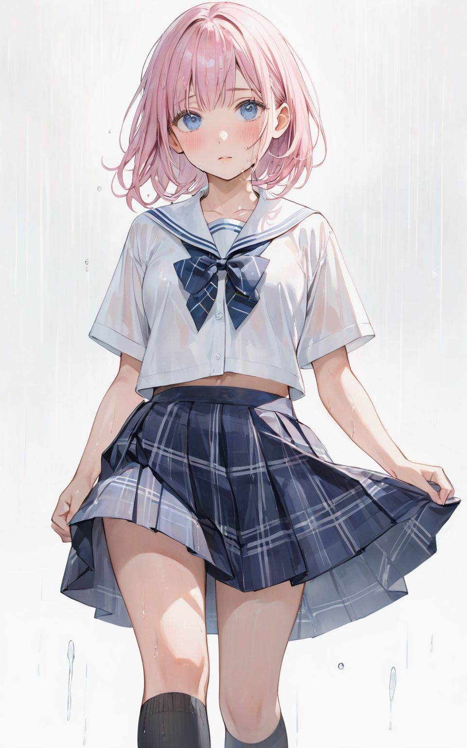 A girl is walking quietly in a light rain.
Her school uniform is wet from the rain,
(The pattern of a wet bra can be seen through the white shirt: 1.05),
(Watercolor:0.6), (Pastel color:0.4), (White background:1.2)

One girl, pearl pink hair, blue eyes, blushed cheeks, tilted head, from front, looking at me, navy plaid skirt turned up, black socks, looking up from below,